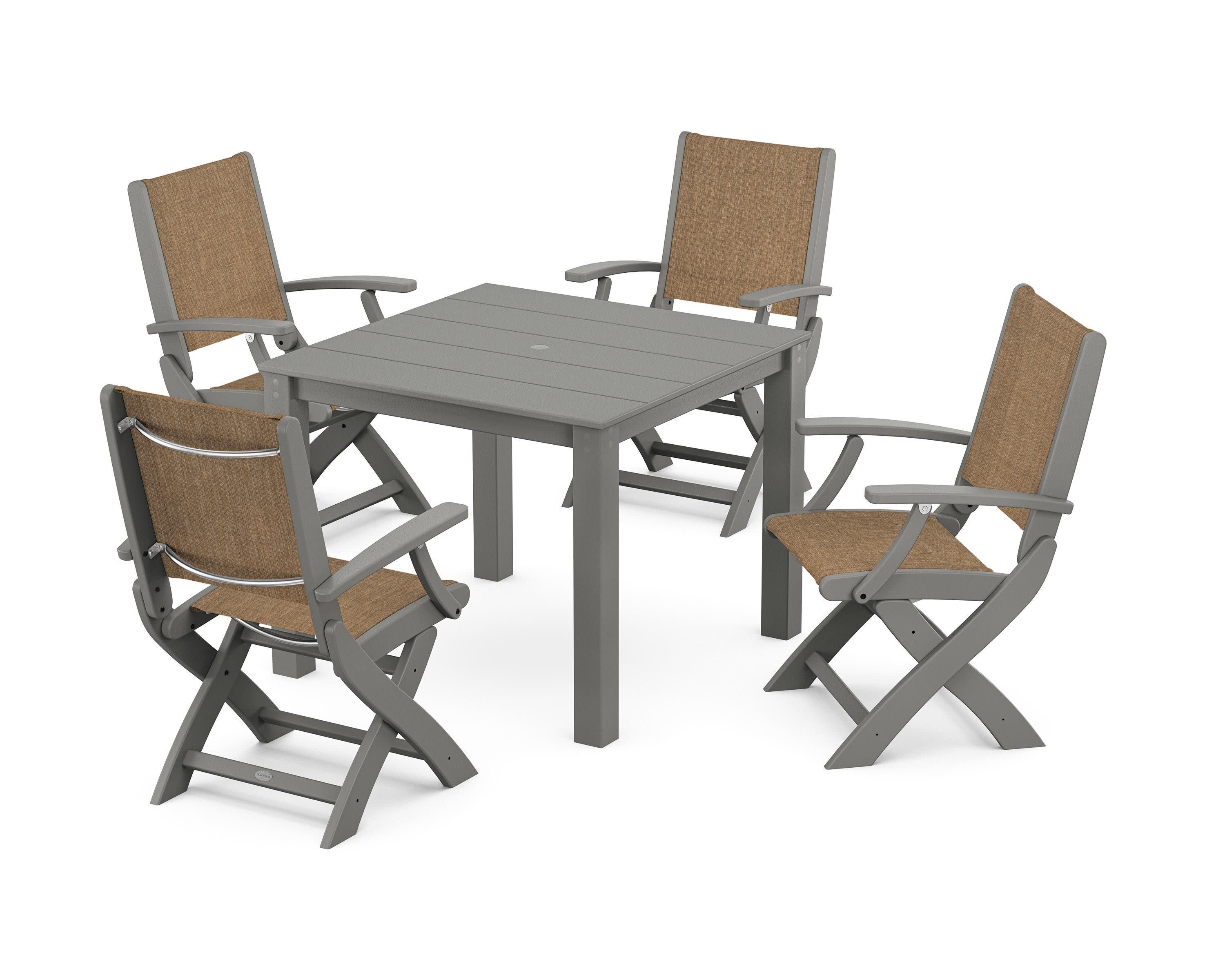 Coastal Folding Chair 5-Piece Parsons Dining Set in Slate Grey / Burlap Sling
