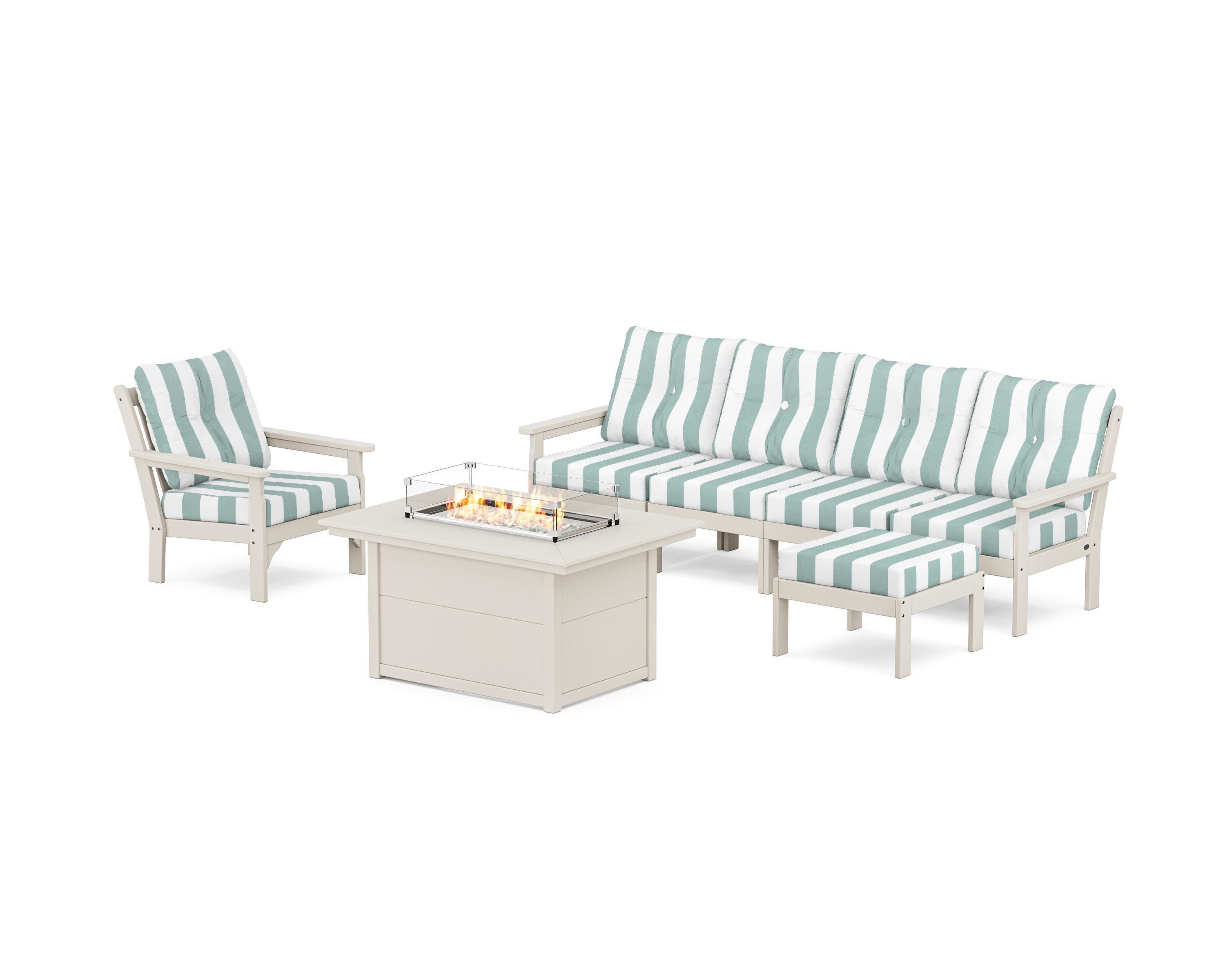 Vineyard Sectional Lounge and Fire Pit Set in Sand / Cabana Stripe Glacier Spa