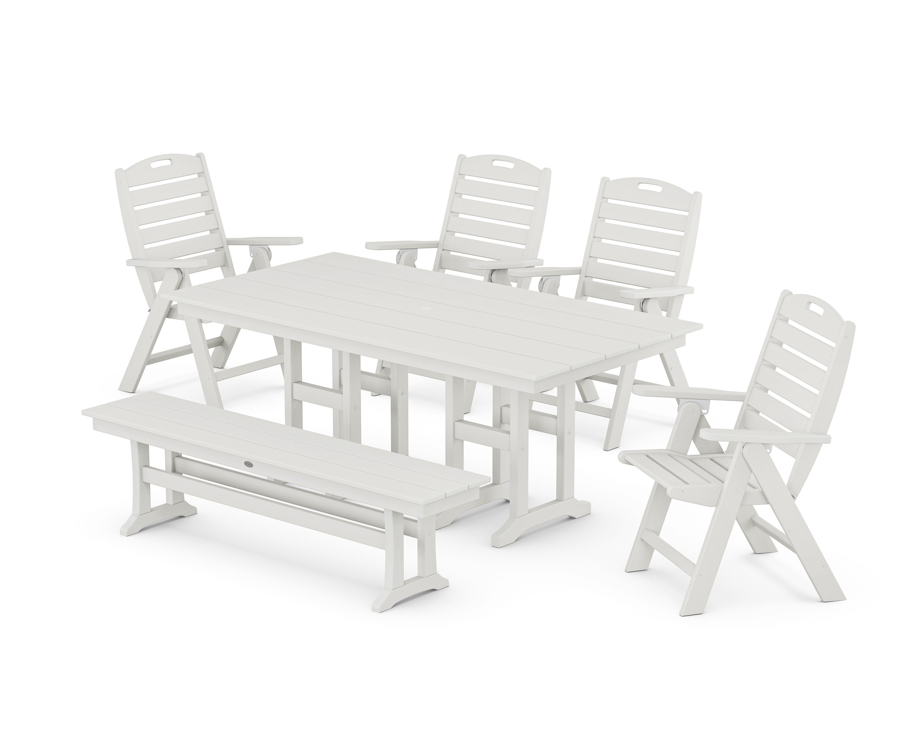 Nautical Highback 6-Piece Farmhouse Dining Set with Bench in Vintage White