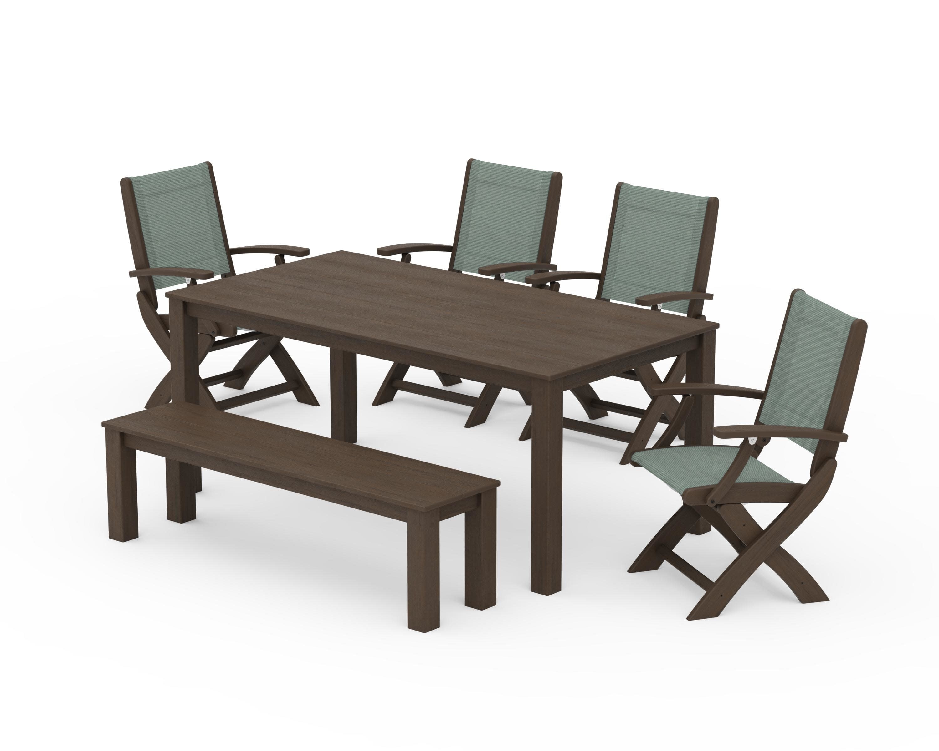 Coastal Folding Chair 6-Piece Parsons Dining Set with Bench in Kona / Dupioni Sea Mist Sling