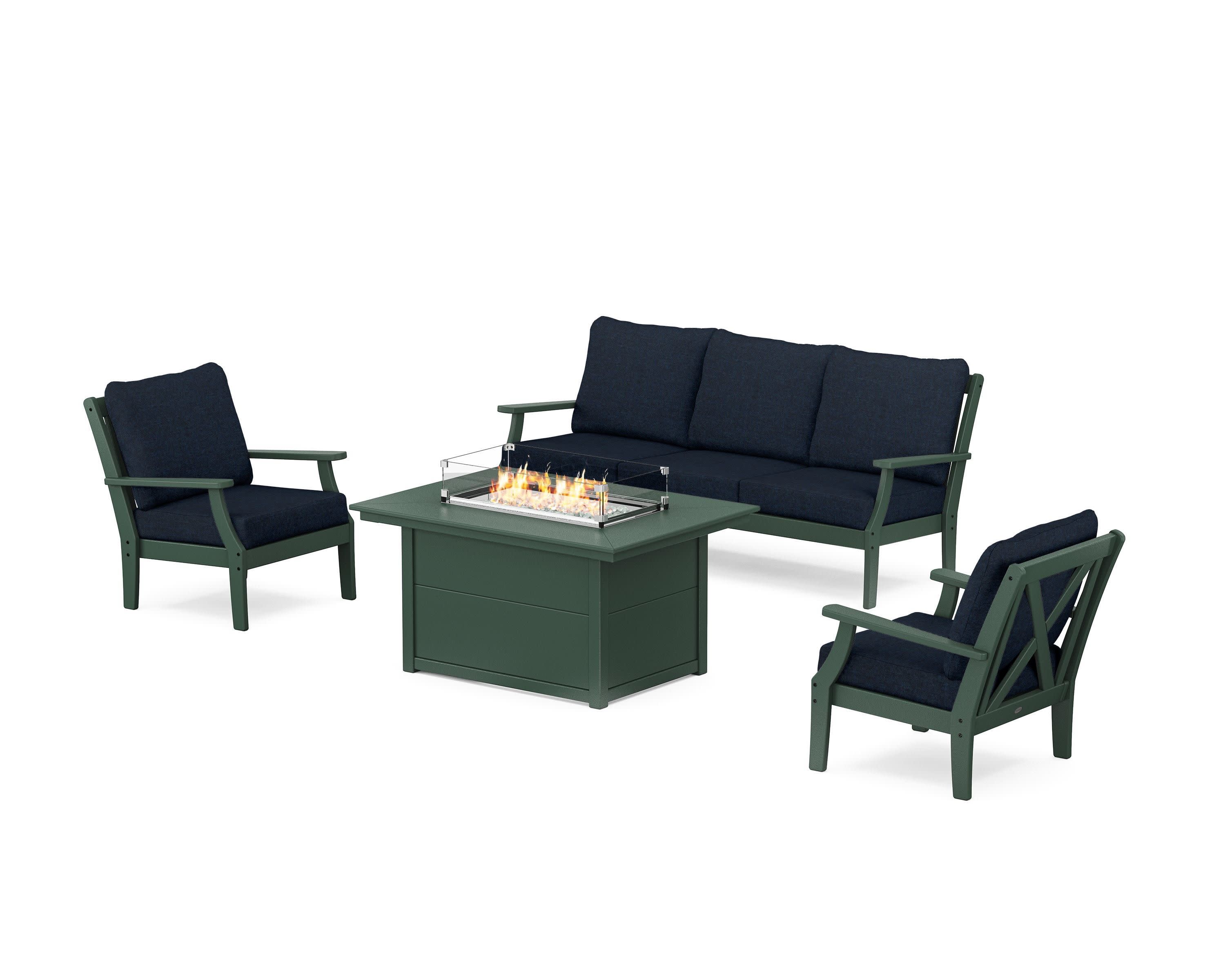 Braxton Deep Seating Fire Pit Table Set in Green / Marine Indigo