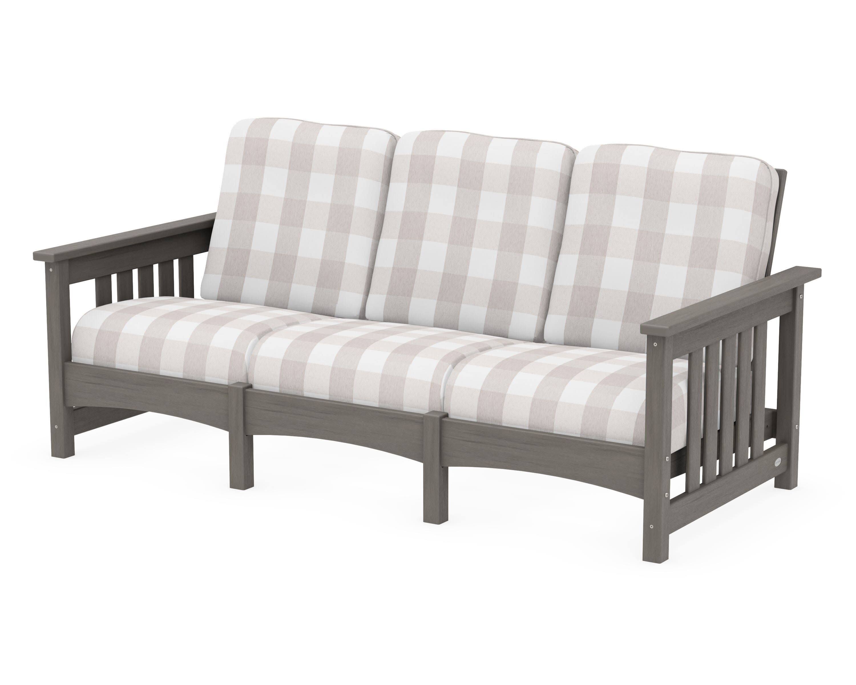 Club Mission Sofa in Driftwood / Buffalo Plaid Dune Burlap