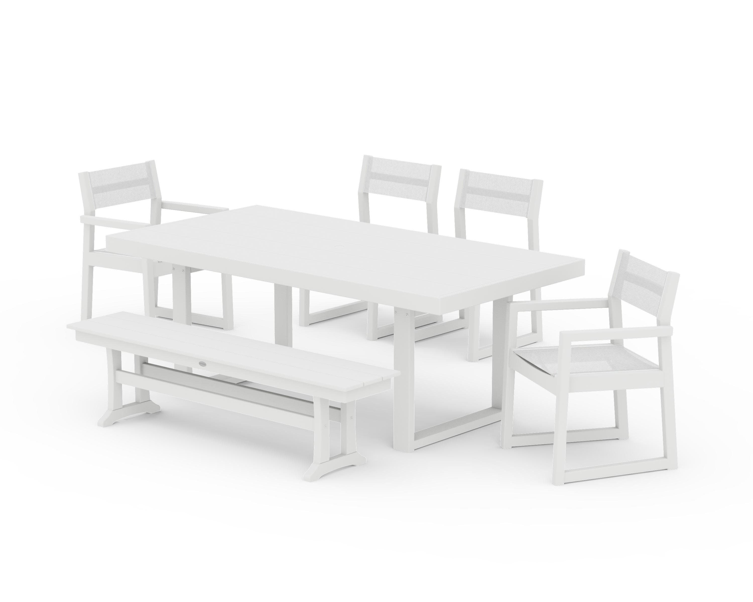 EDGE Sling 6-Piece Dining Set with Bench in White / White Sling