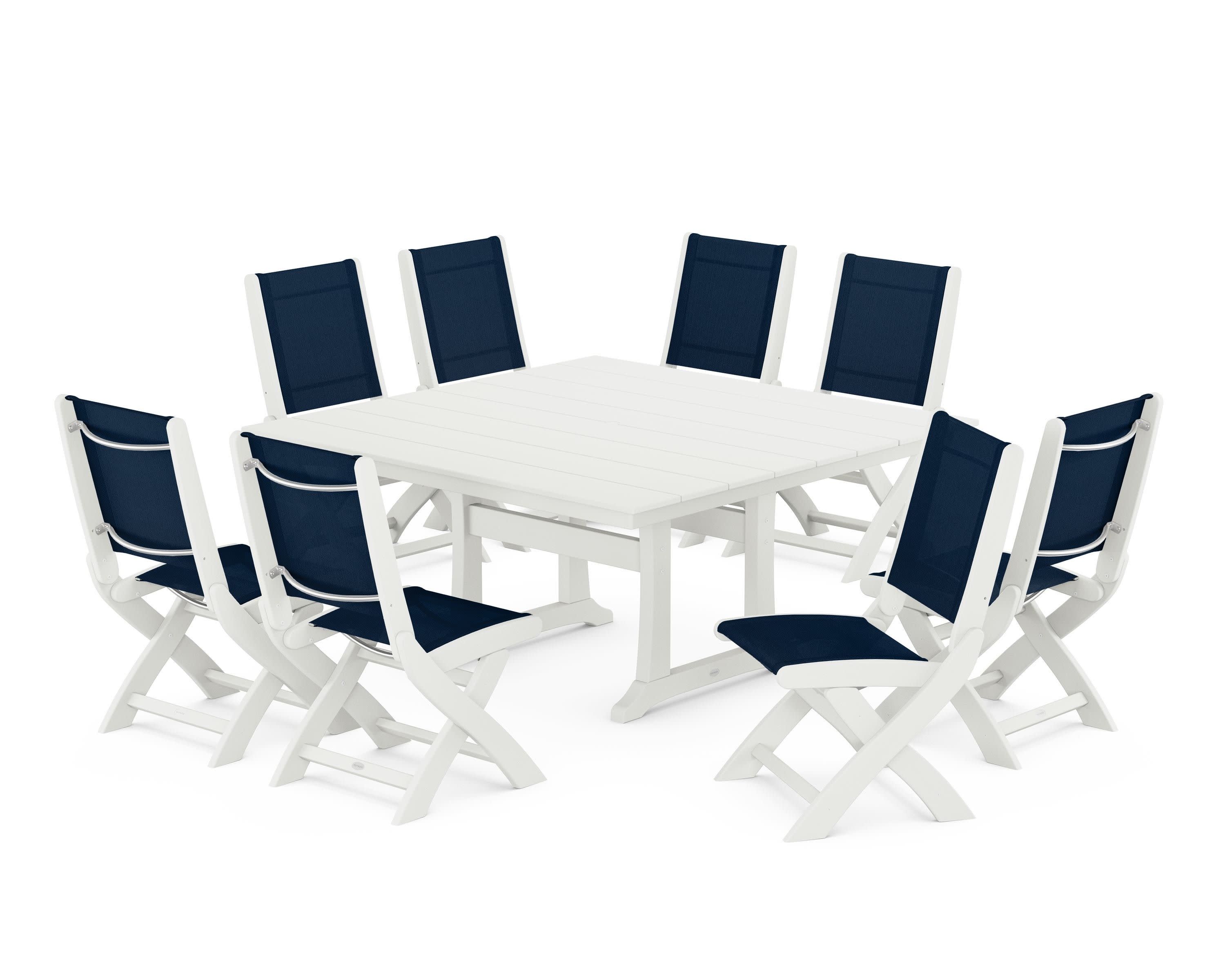 Coastal Folding Side Chair 9-Piece Farmhouse Dining Set in Vintage White / Navy Blue Sling