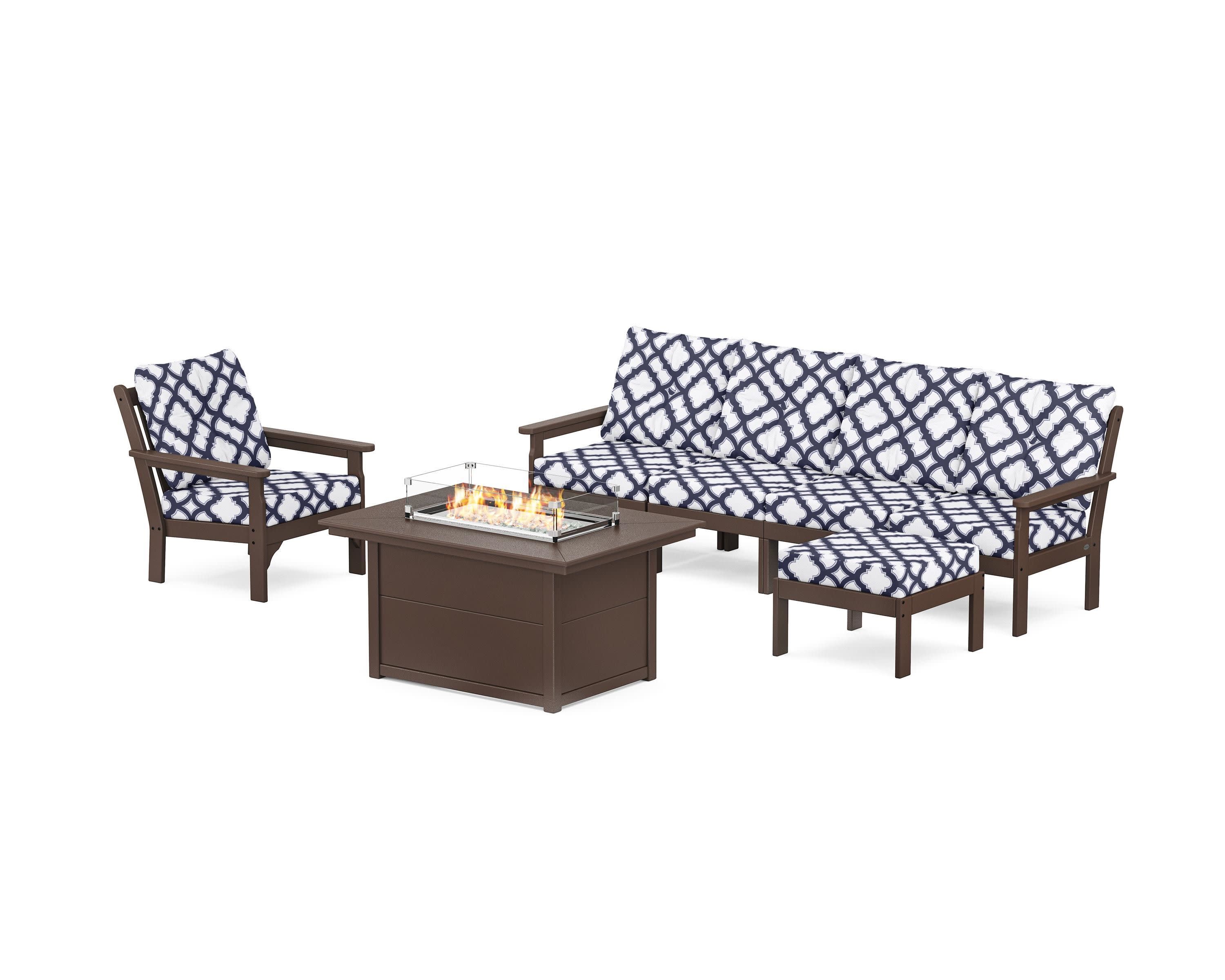 Vineyard Sectional Lounge and Fire Pit Set in Mahogany / Trellis Navy