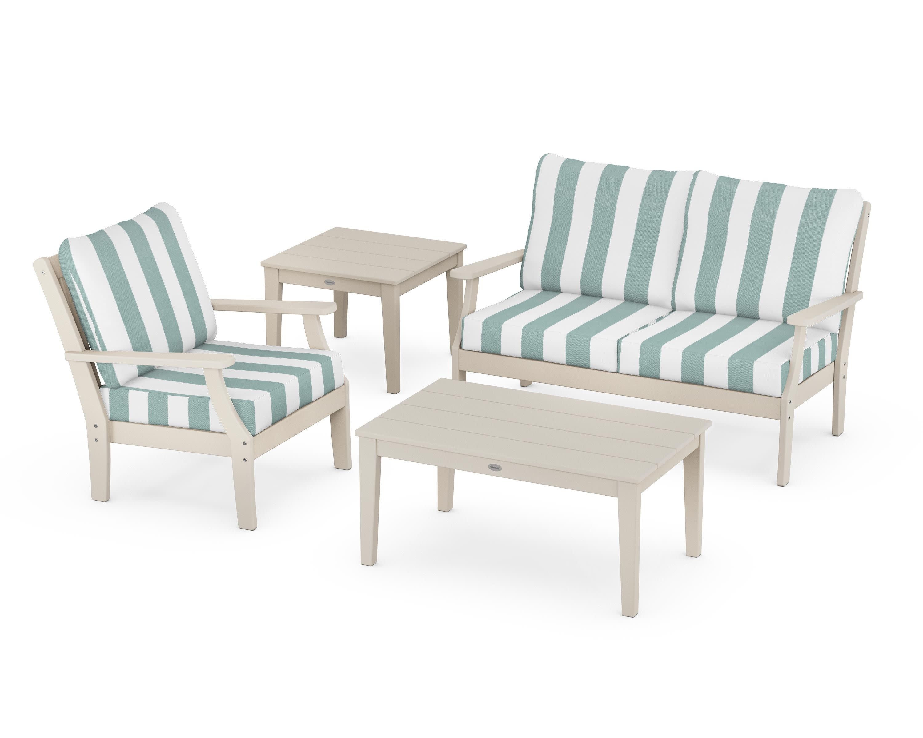 Braxton 4-Piece Deep Seating Set in Sand / Cabana Stripe Glacier Spa