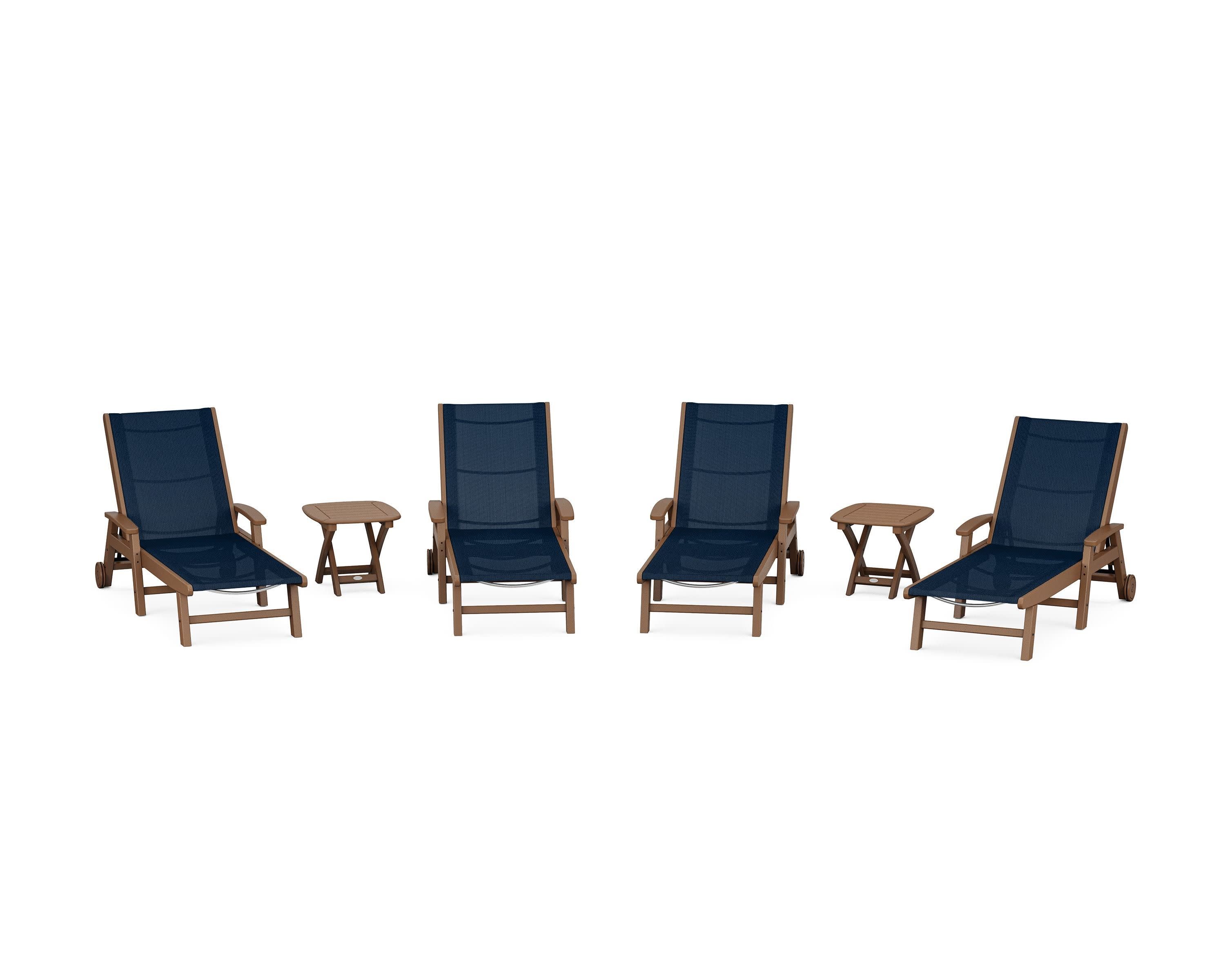 Coastal Chaise 6-Piece Set with Wheels in Teak / Navy Blue Sling