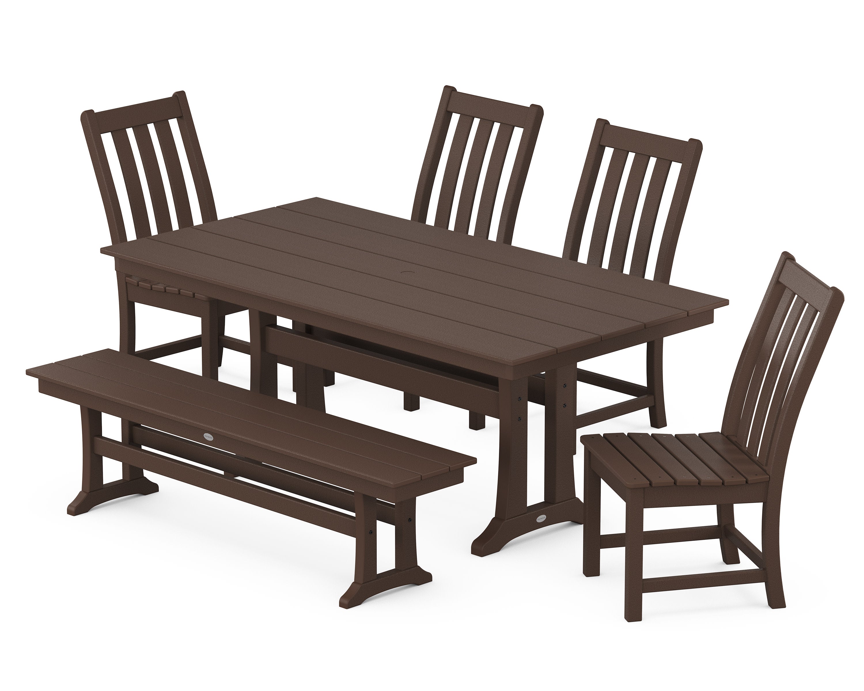 Vineyard Side Chair 6-Piece Farmhouse Dining Set with Trestle Legs and Bench in Mahogany