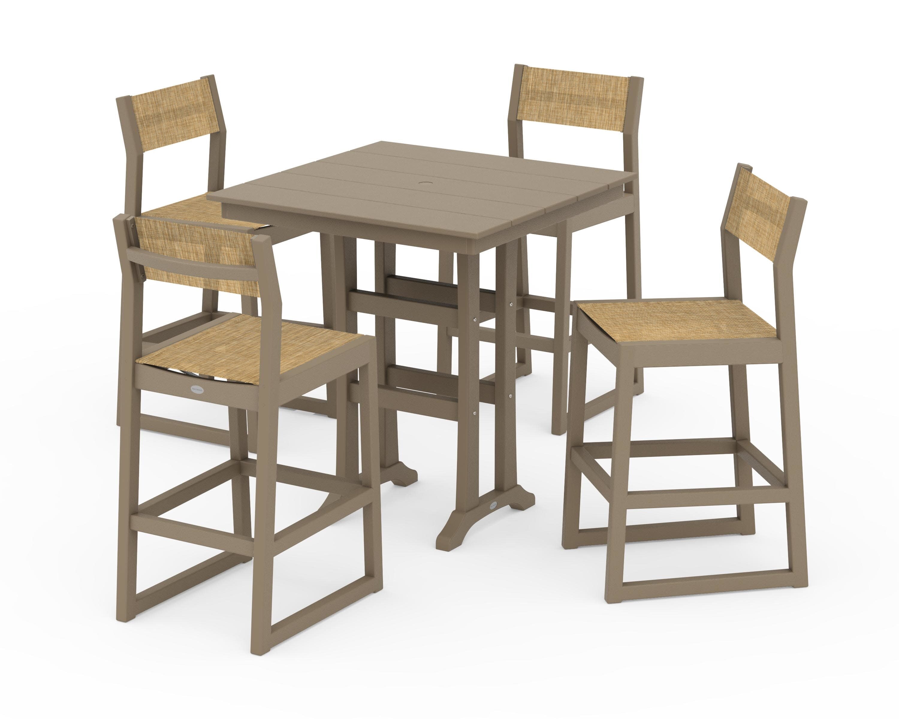 EDGE Sling Arm Chair 5-Piece Farmhouse Bar Set with Trestle Legs in Vintage Sahara / Burlap Sling