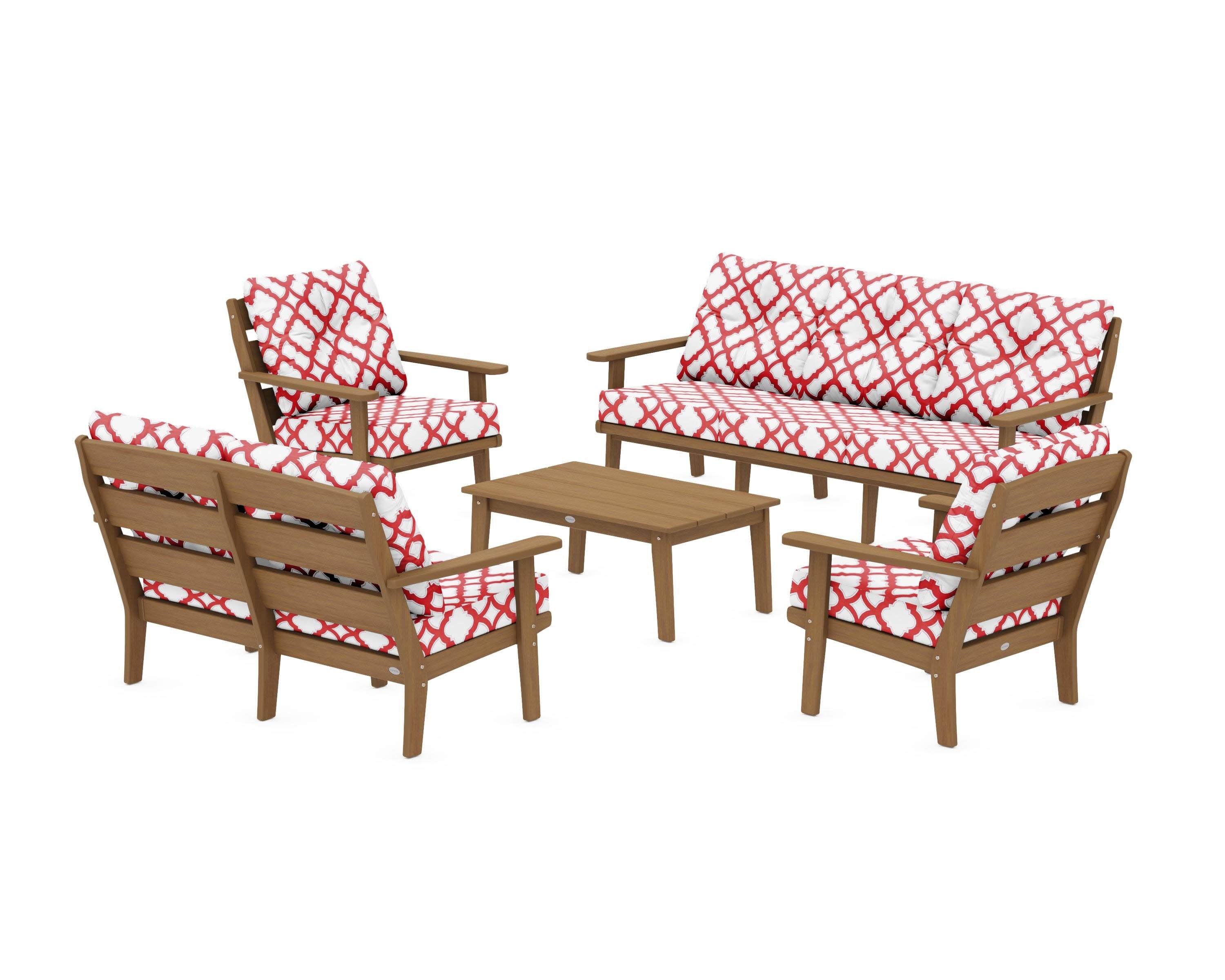 Lakeside 5-Piece Lounge Sofa Set in Natural / Trellis Crimson
