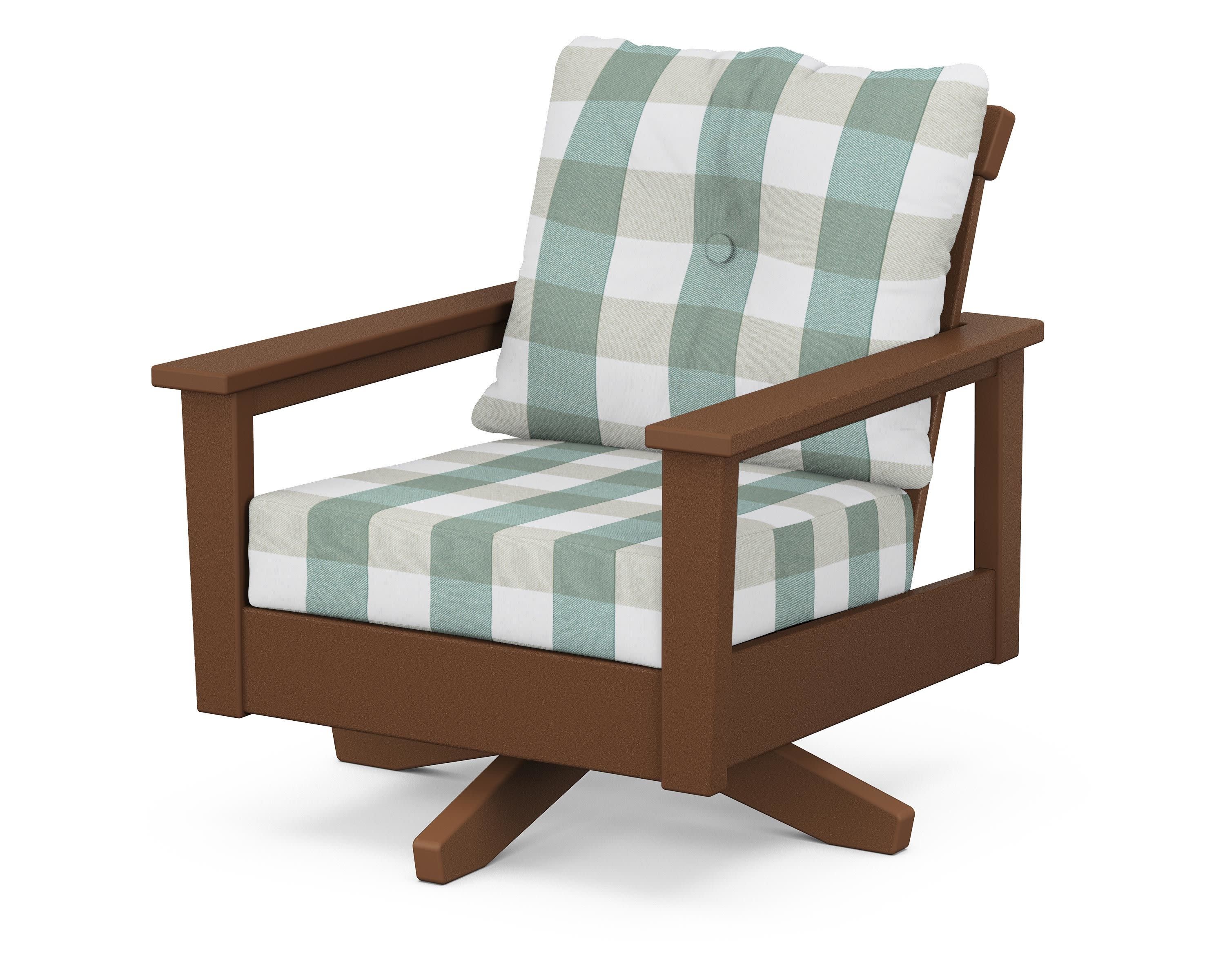 Prescott Deep Seating Swivel Chair in Teak / Buffalo Plaid Glacier Spa