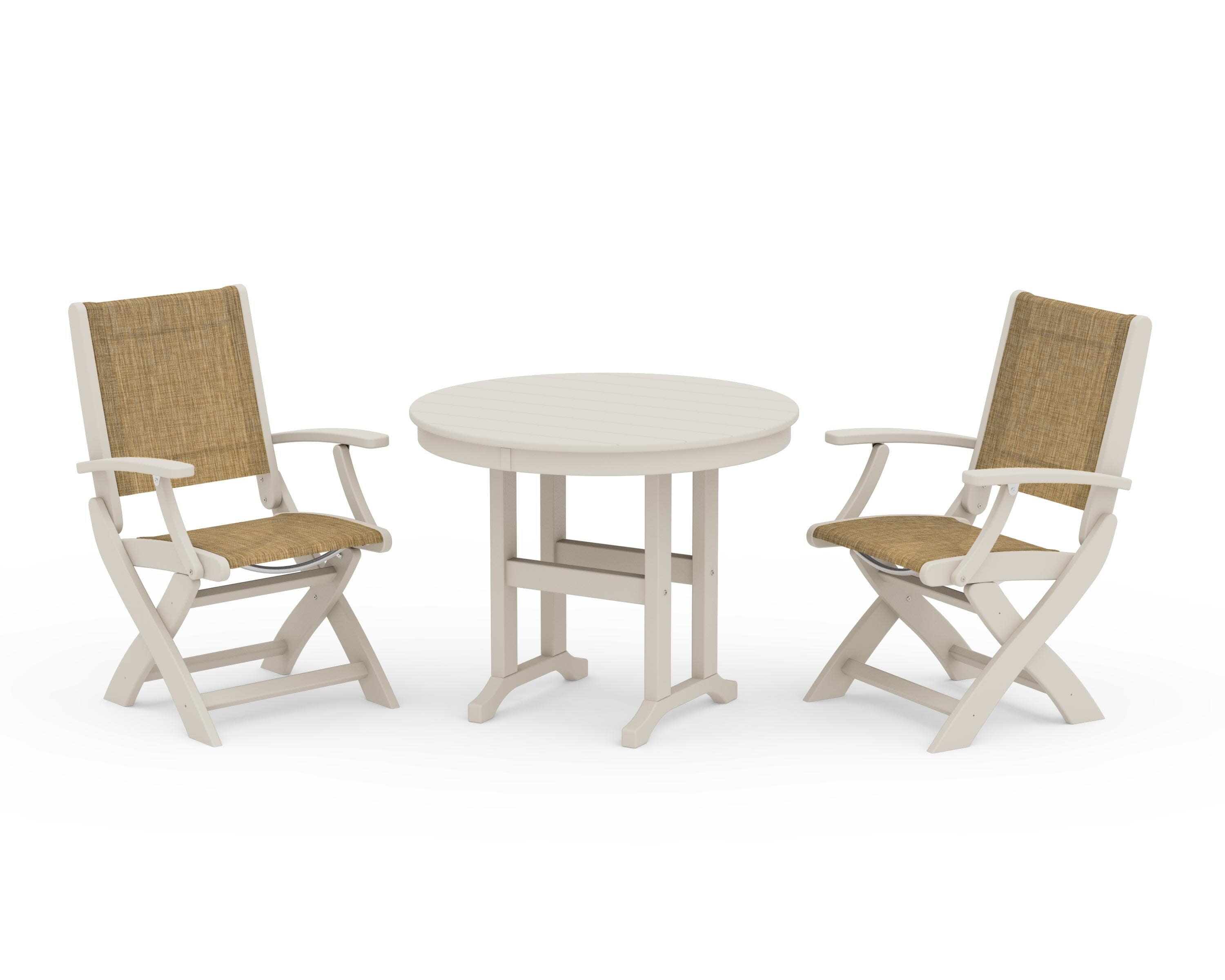 Coastal Folding Chair 3-Piece Round Dining Set in Sand / Burlap Sling