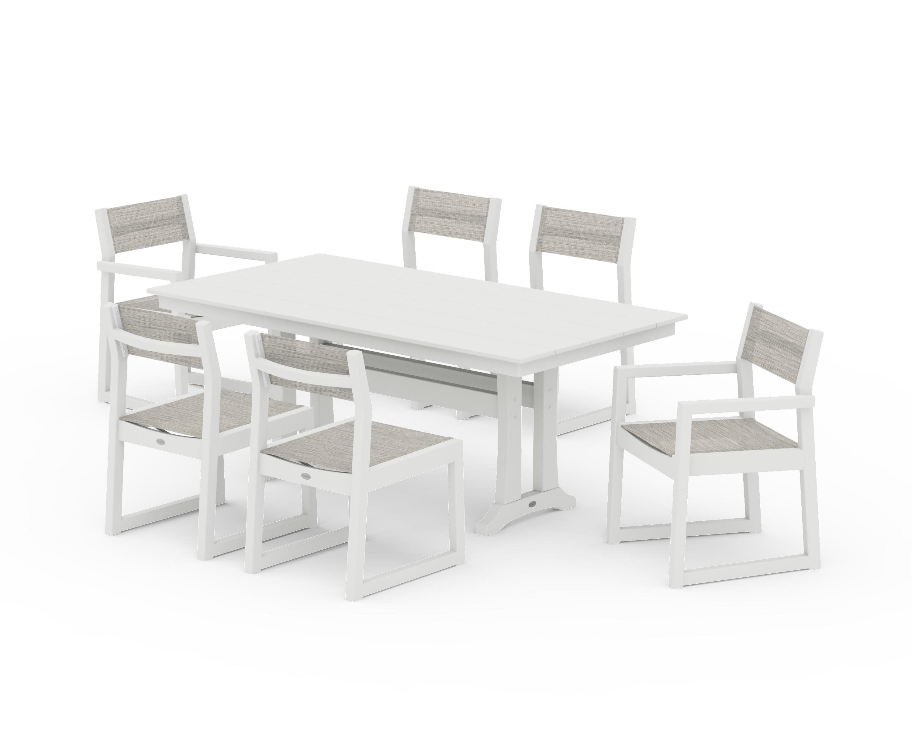 EDGE Sling 7-Piece Farmhouse Trestle Dining Set in Vintage White / Birch Sling