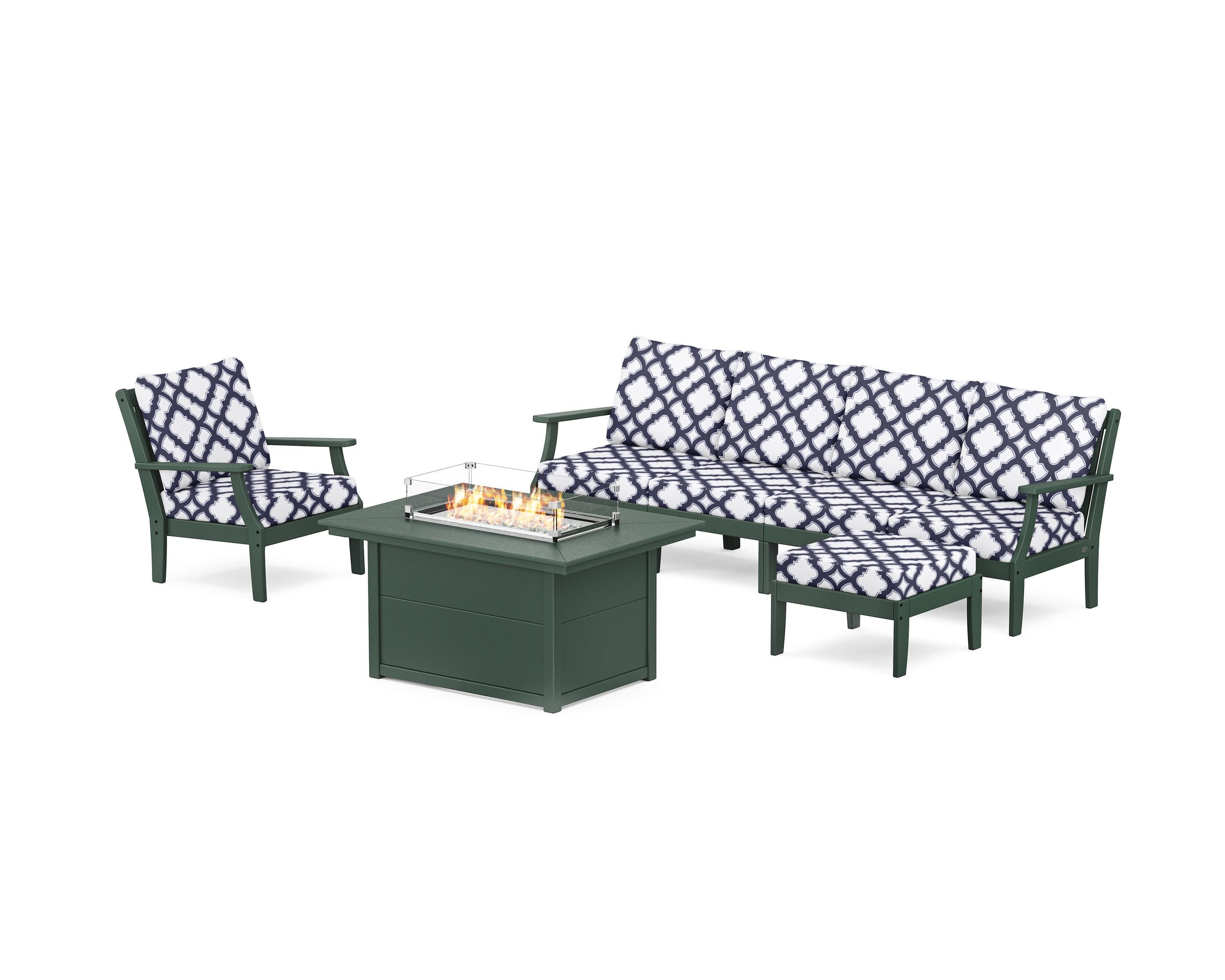 Braxton Sectional Lounge and Fire Pit Set in Green / Trellis Navy