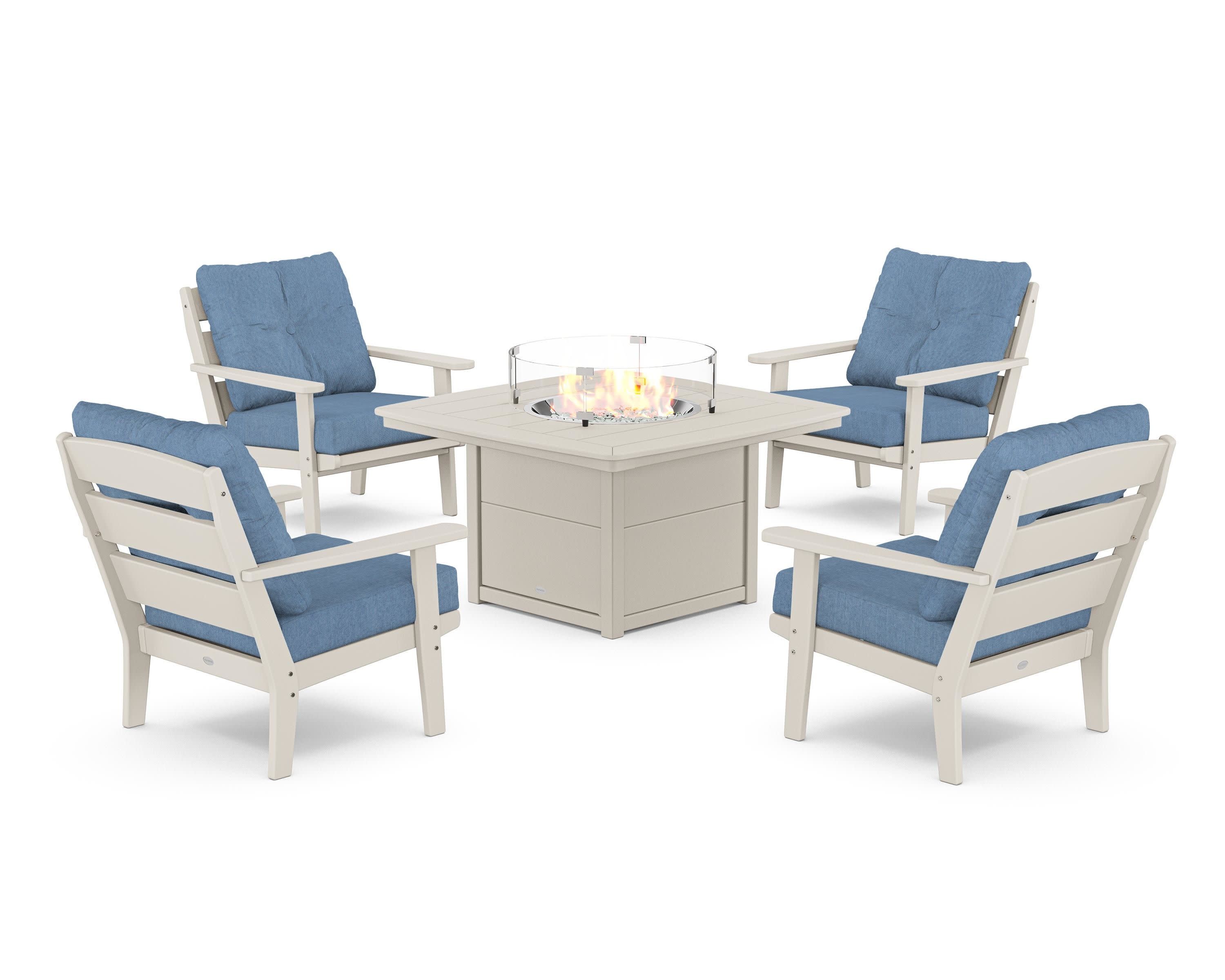 Lakeside 5-Piece Deep Seating Set with Nautical Fire Pit Table in Sand / Sky Blue