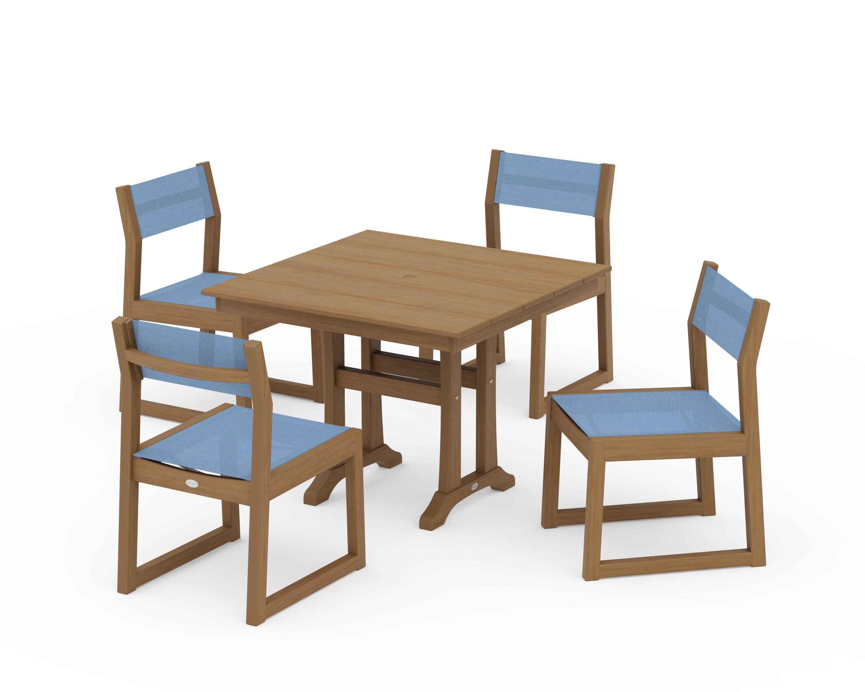 EDGE Sling 5-Piece Farmhouse Trestle Side Chair Dining Set in Natural / Poolside Sling