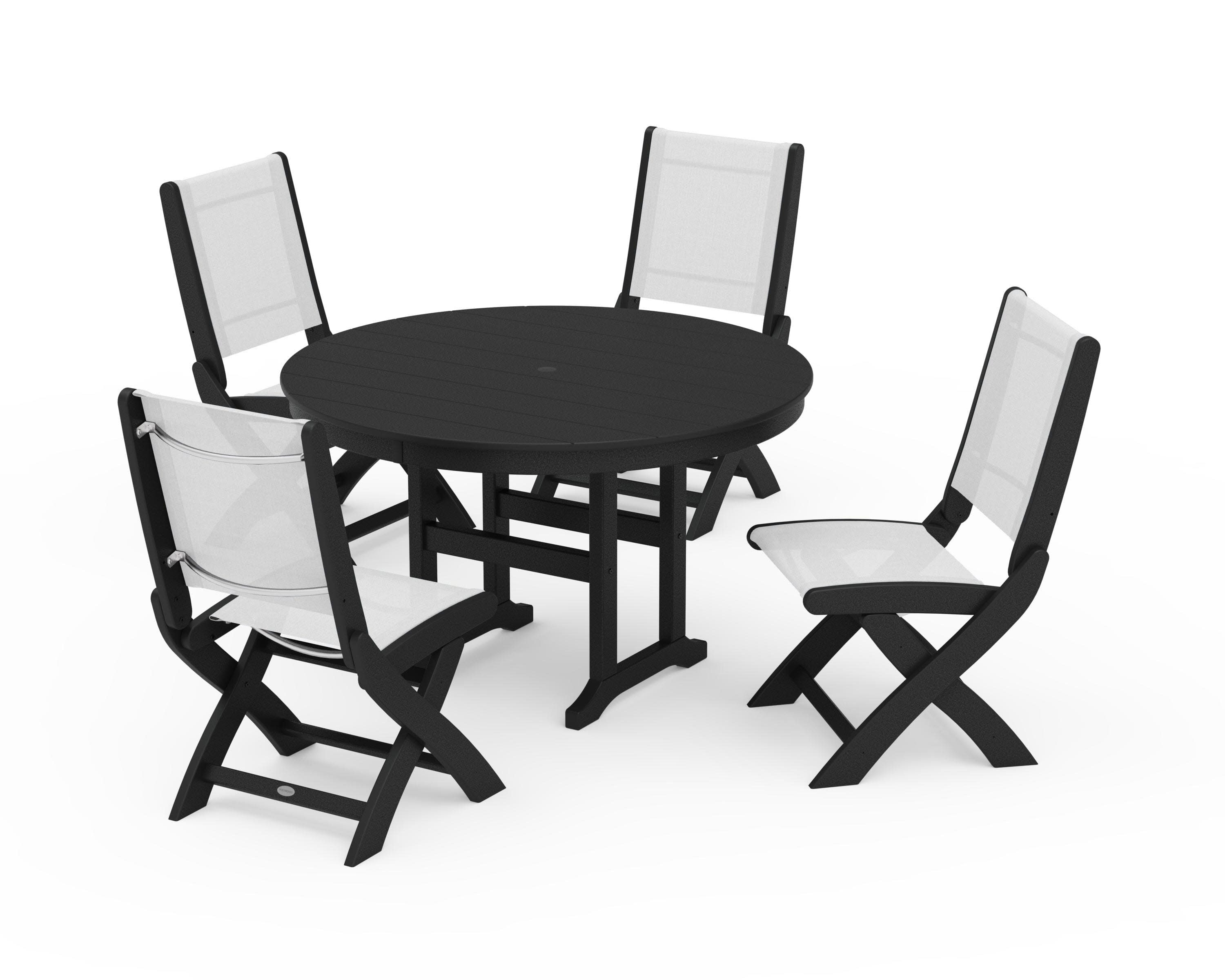 Coastal Folding Side Chair 5-Piece Round Dining Set in Black / White Sling
