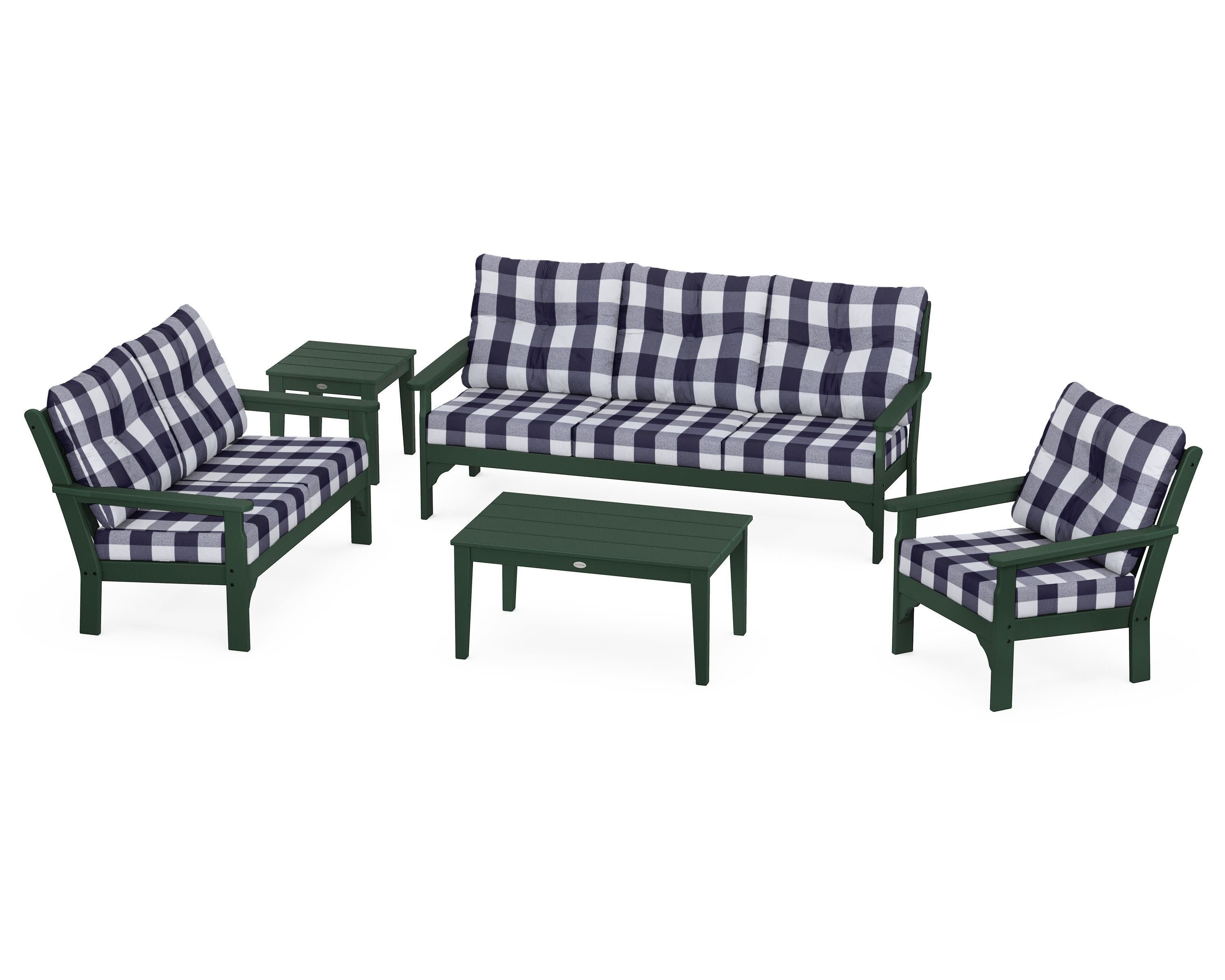 Vineyard 5 Piece Deep Seating Set in Green / Buffalo Plaid Navy