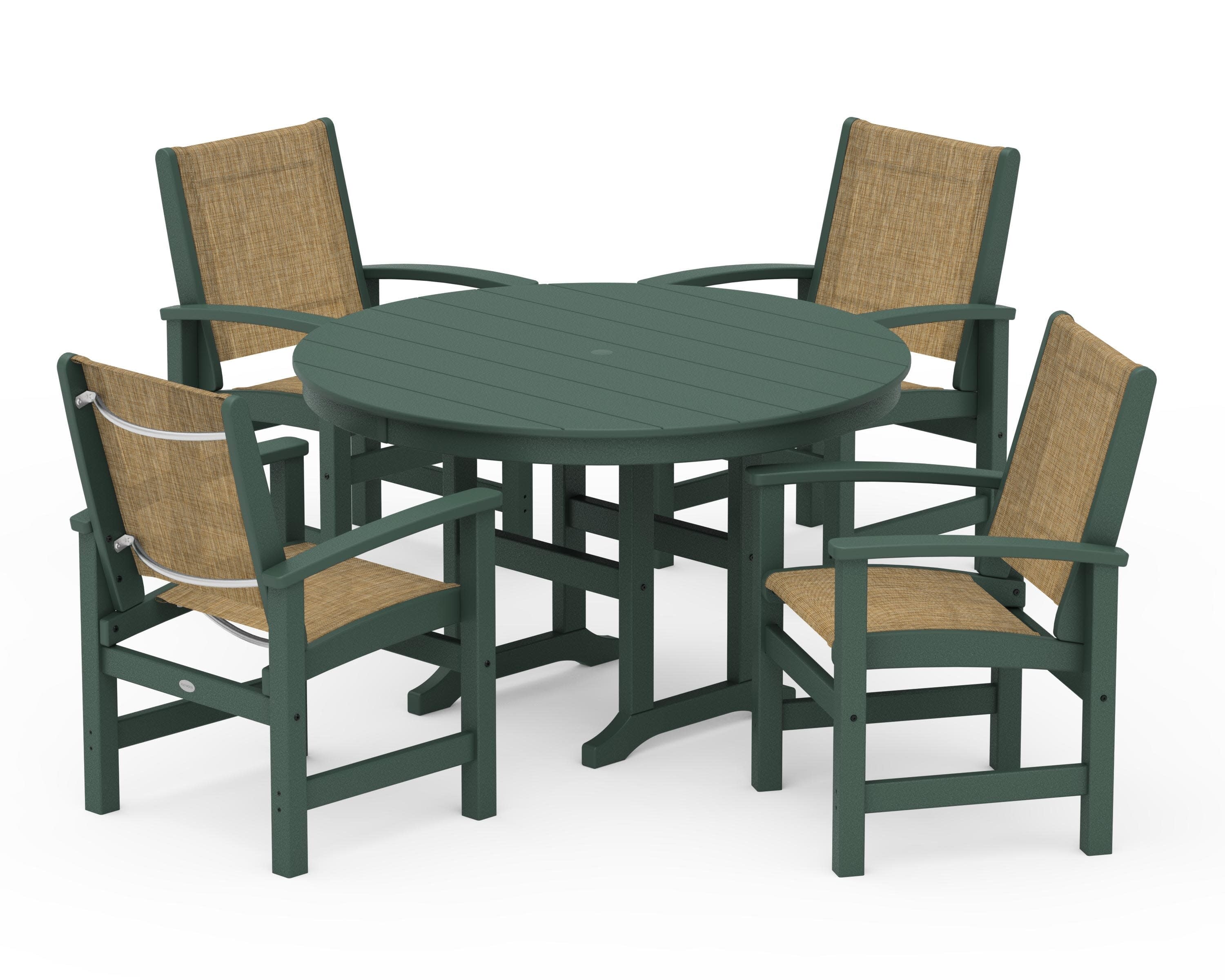 Coastal 5-Piece Round Farmhouse Dining Set in Green / Burlap Sling