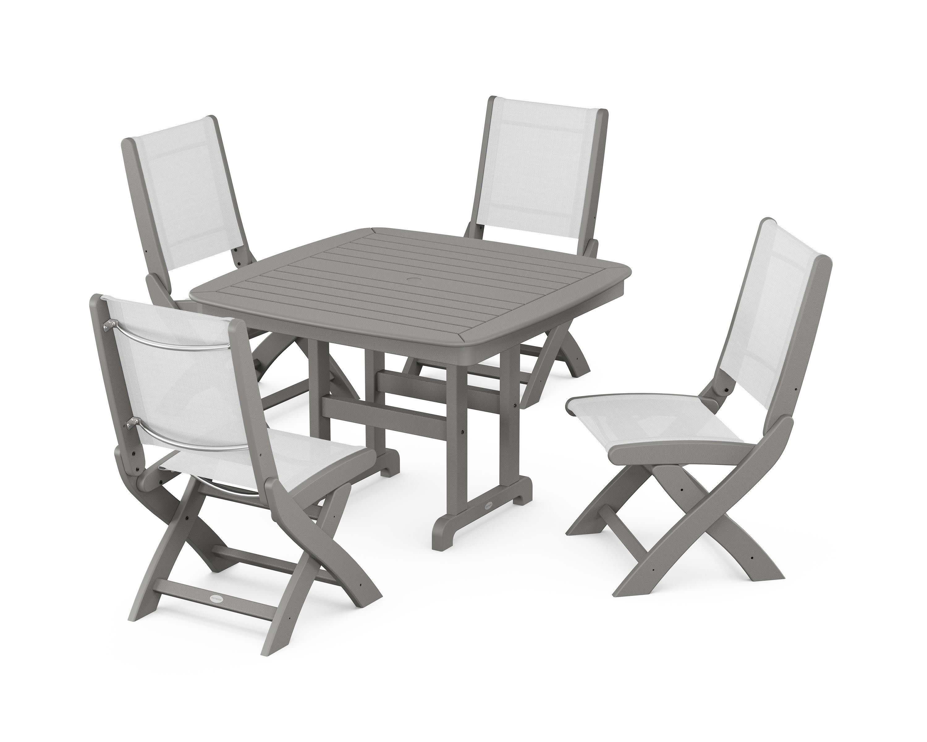 Coastal Folding Side Chair 5-Piece Dining Set in Slate Grey / White Sling