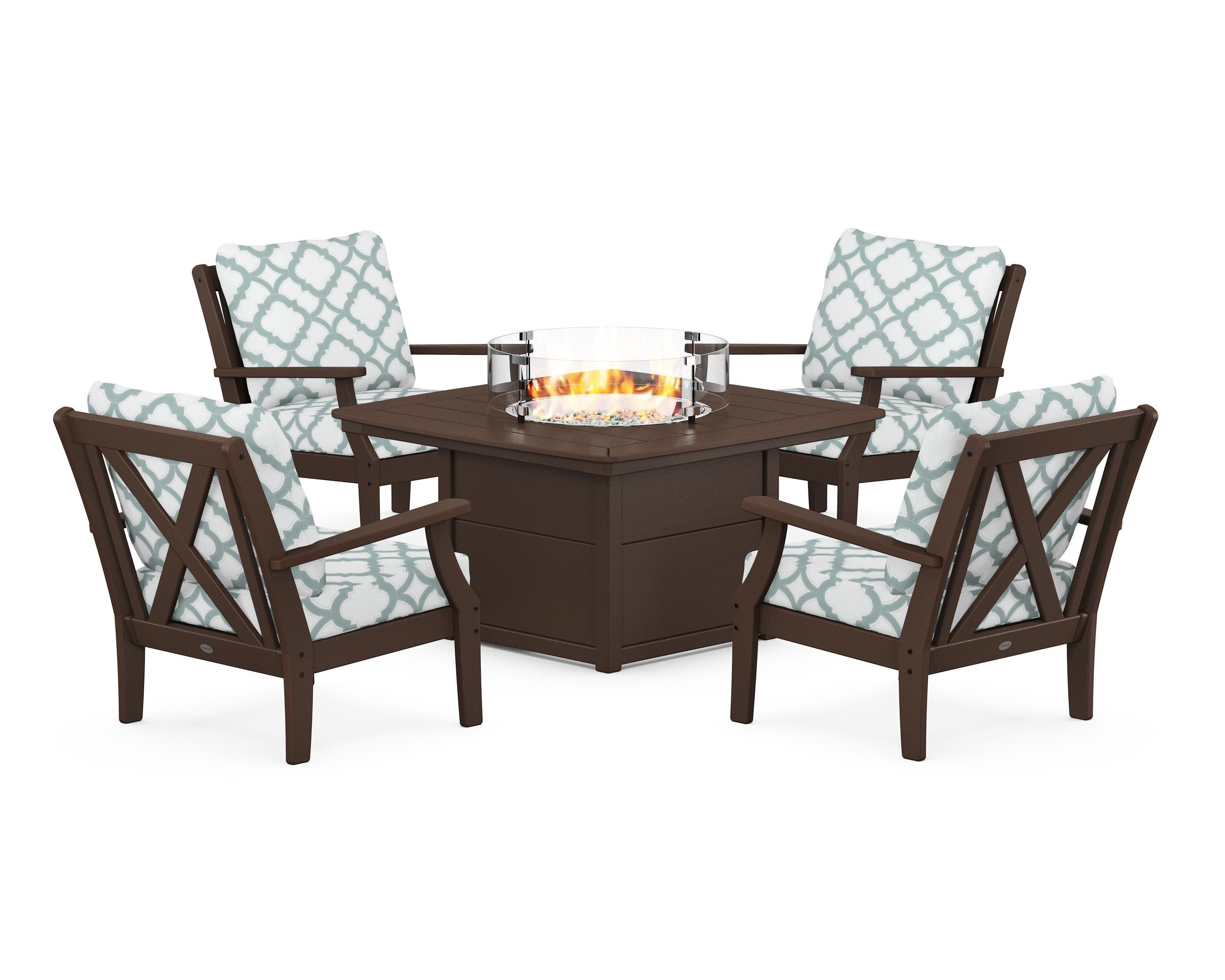 Braxton 5-Piece Deep Seating Conversation Set with Fire Pit Table in Mahogany / Trellis Glacier Spa