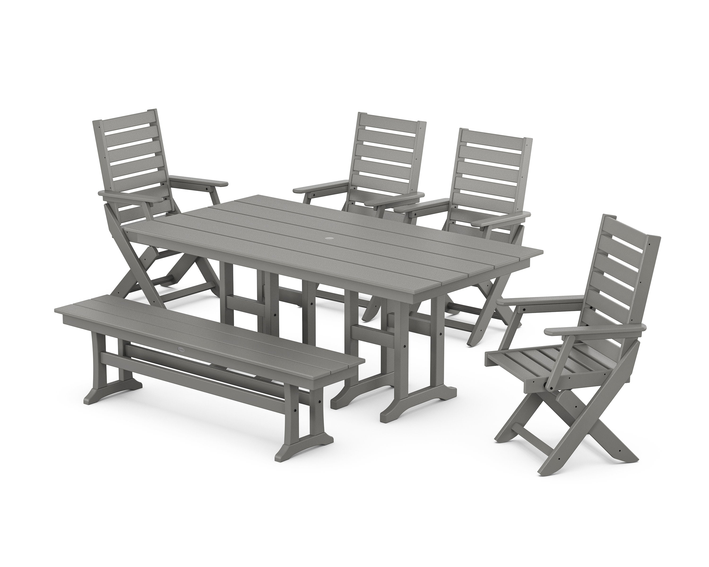 Captain Folding Chair 6-Piece Farmhouse Dining Set with Bench in Slate Grey