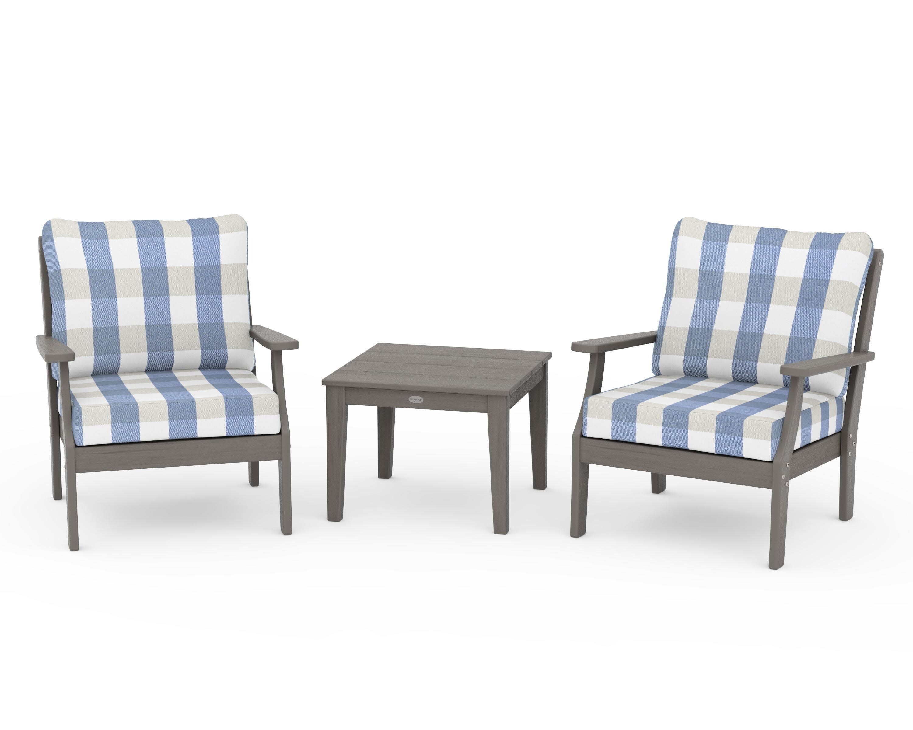 Braxton 3-Piece Deep Seating Set in Driftwood / Buffalo Plaid Sky Blue