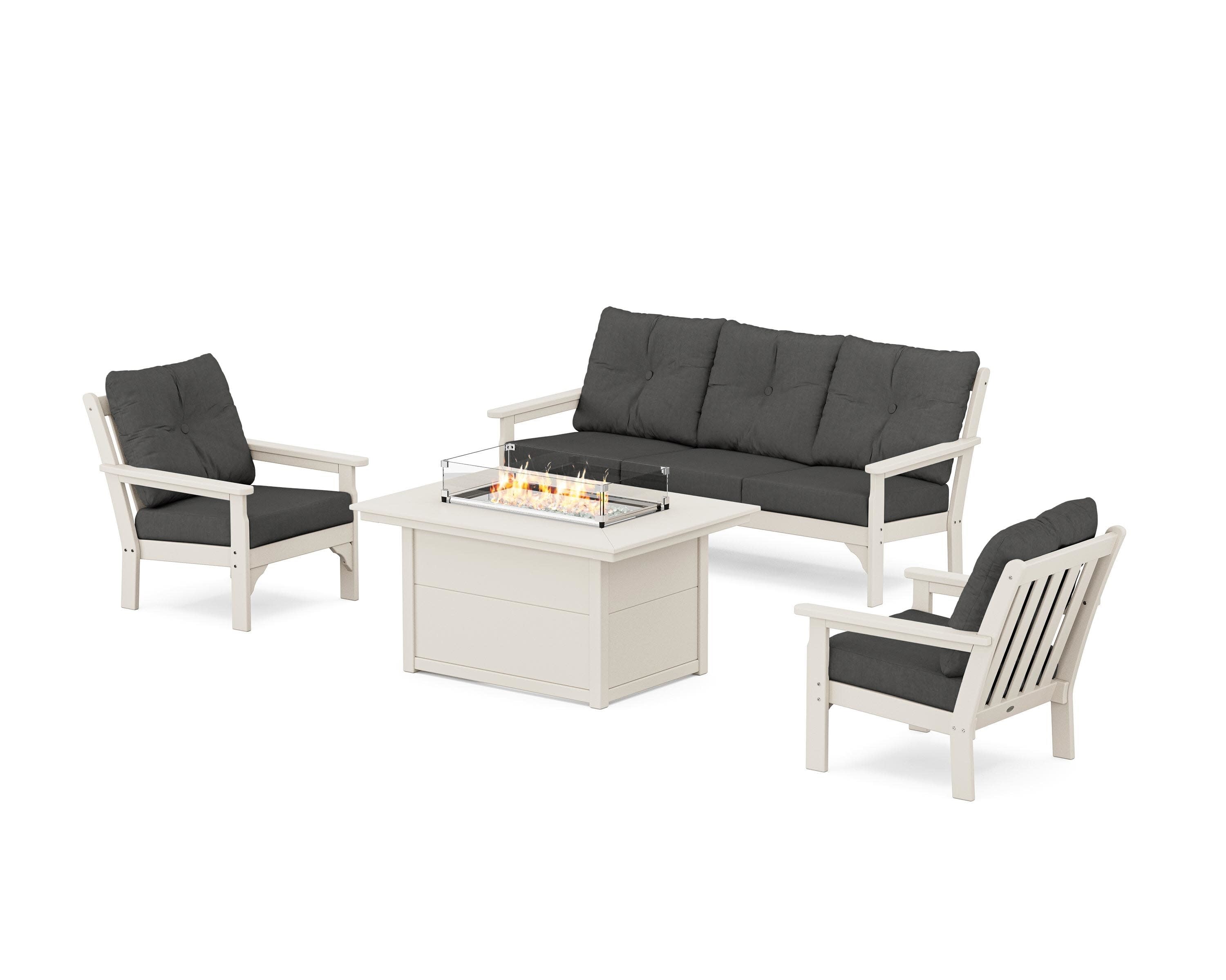 Vineyard Deep Seating Fire Pit Table Set in Sand / Spectrum Carbon
