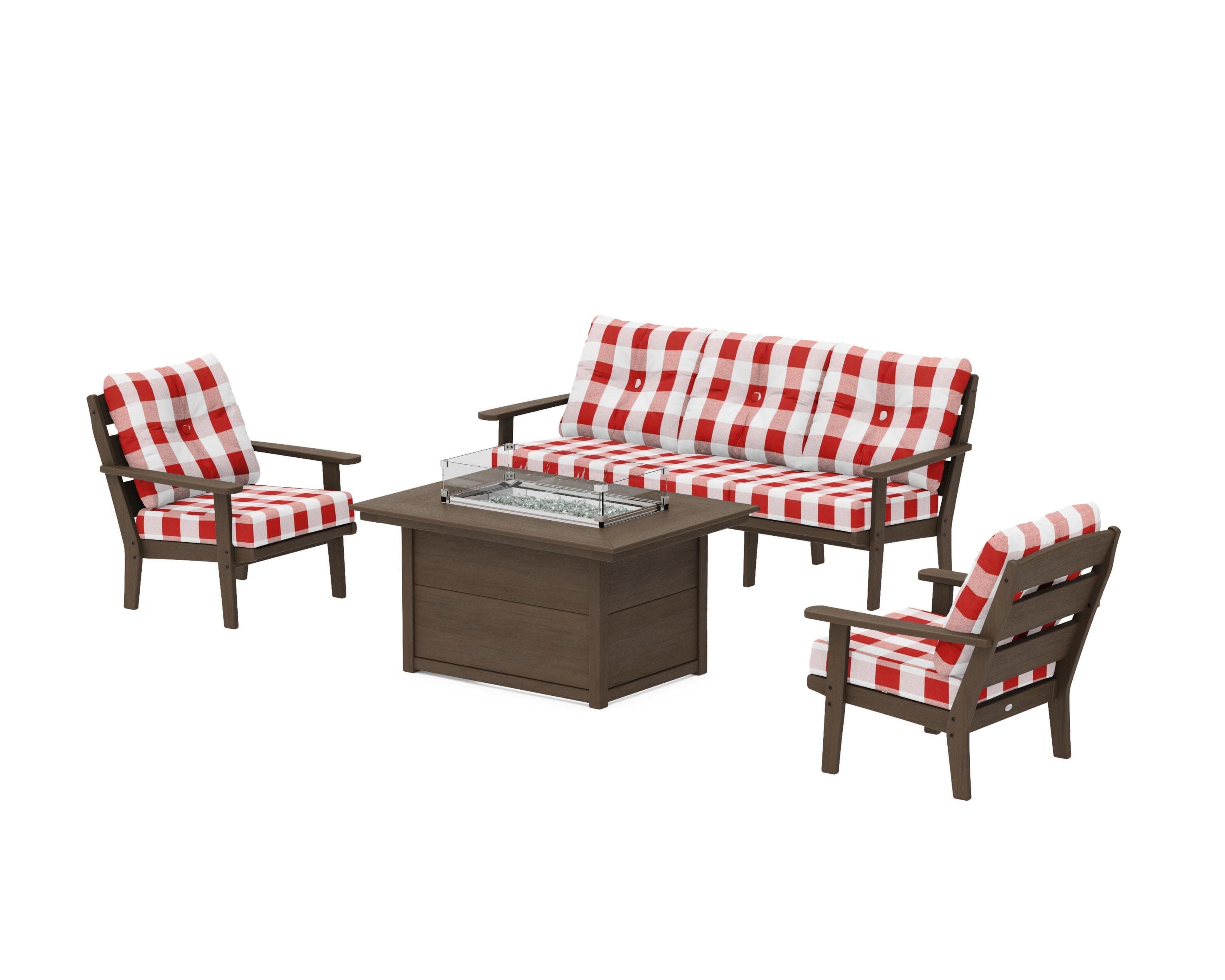 Lakeside Deep Seating Fire Pit Table Set in Kona / Buffalo Plaid Crimson