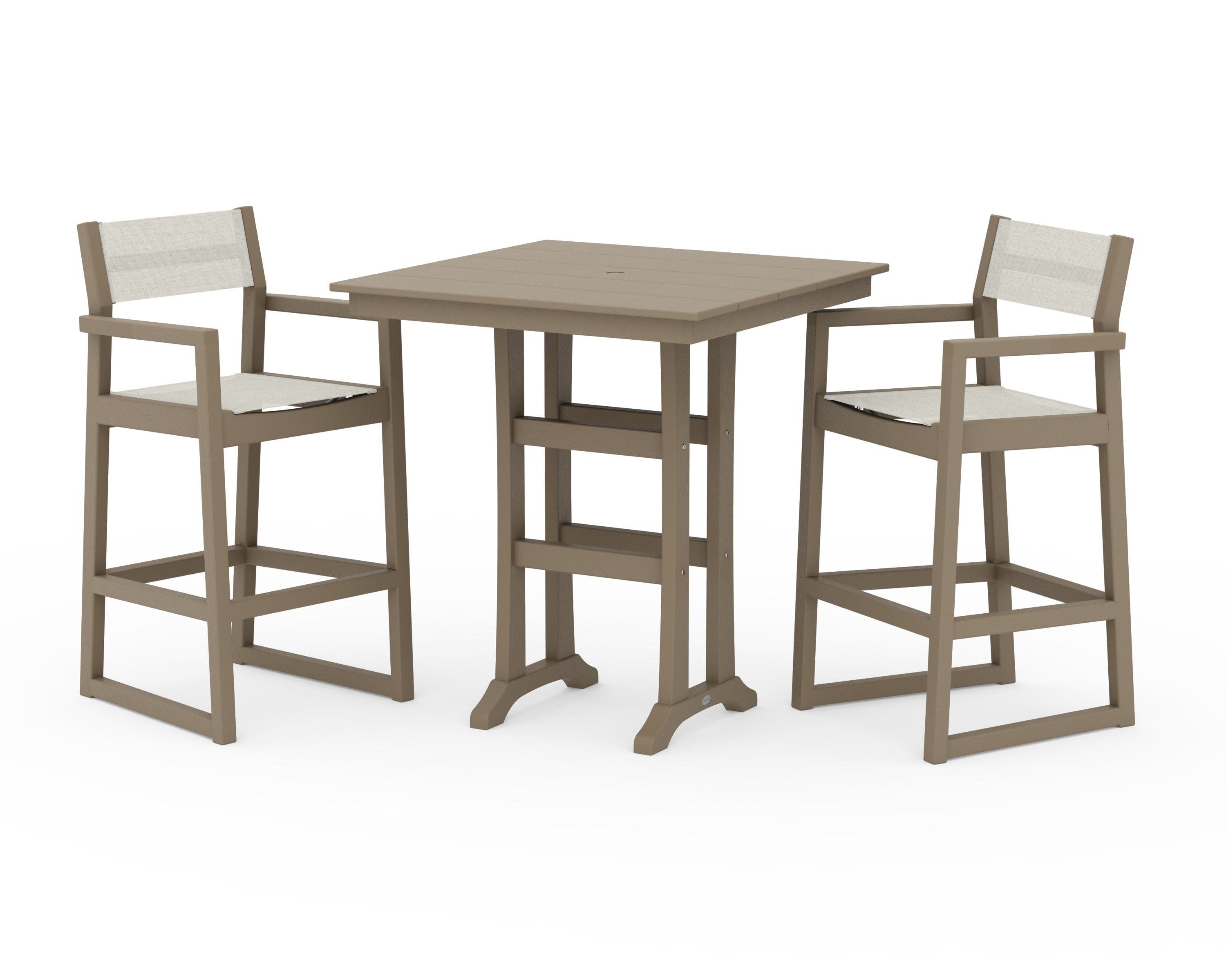 EDGE Sling Arm Chair 3-Piece Farmhouse Bar Set with Trestle Legs in Vintage Sahara / Parchment Sling