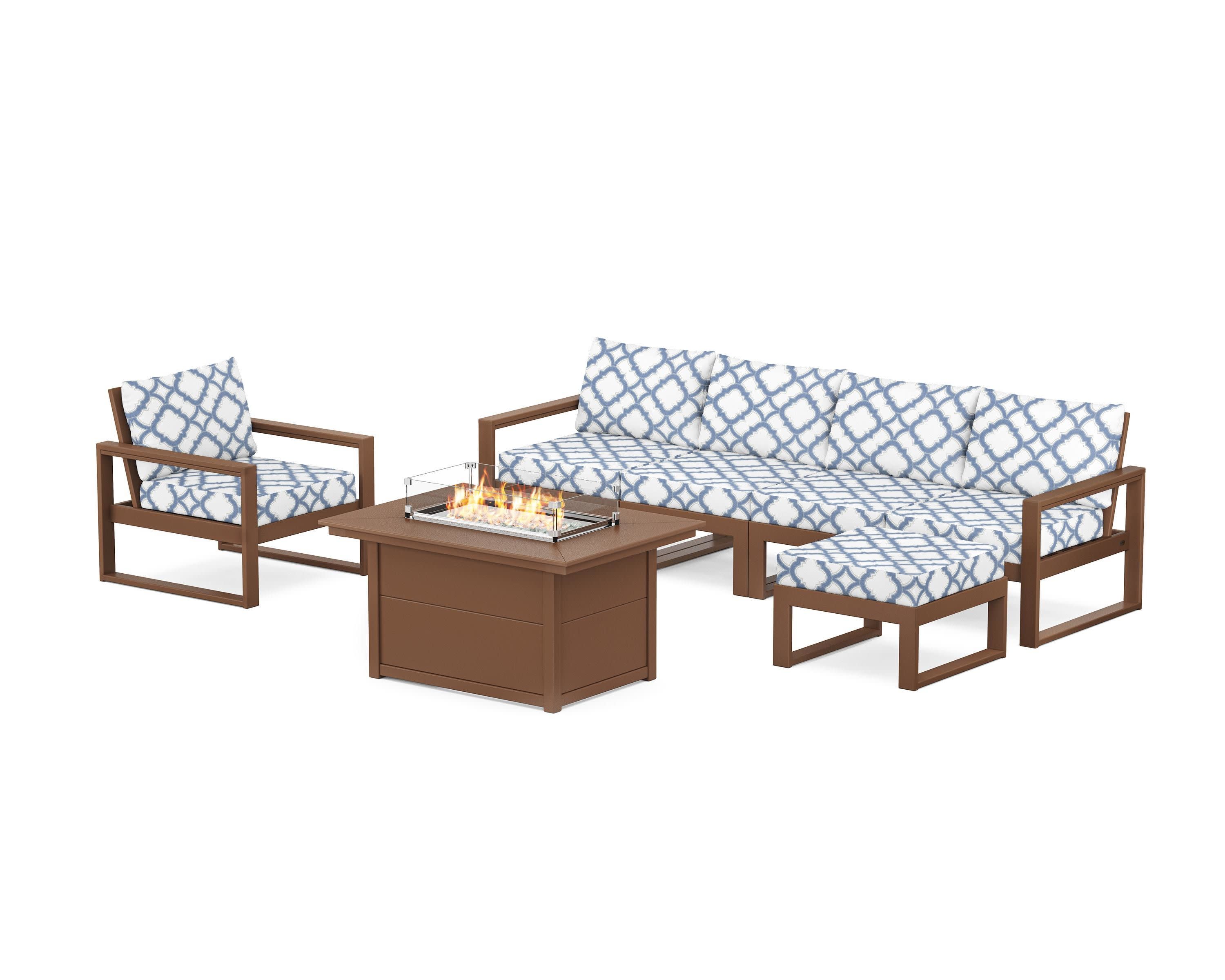 EDGE Sectional Lounge and Fire Pit Set in Teak / Trellis Sky Blue