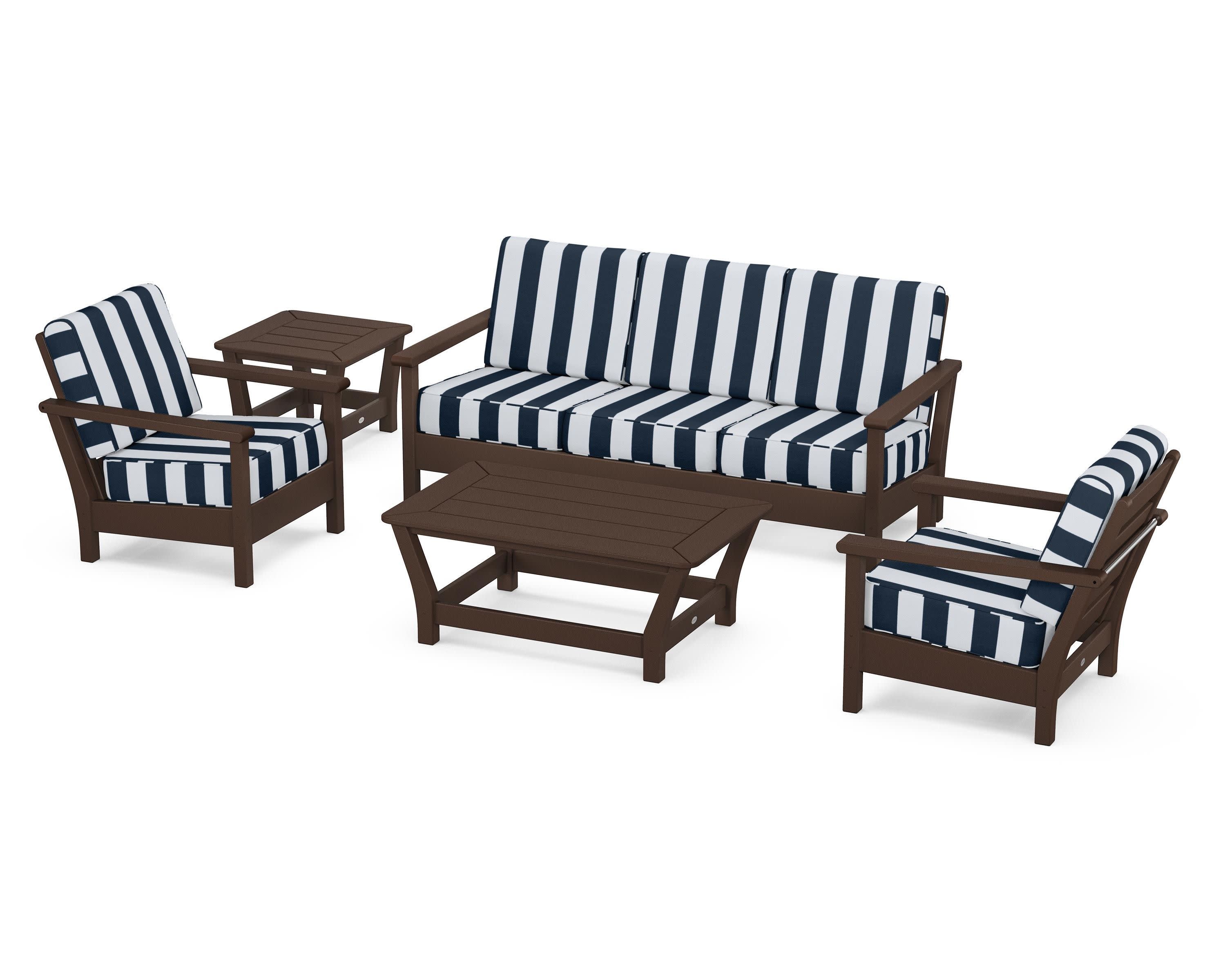 Harbour 5-Piece Deep Seating Set in Mahogany / Cabana Stripe Marine Indigo