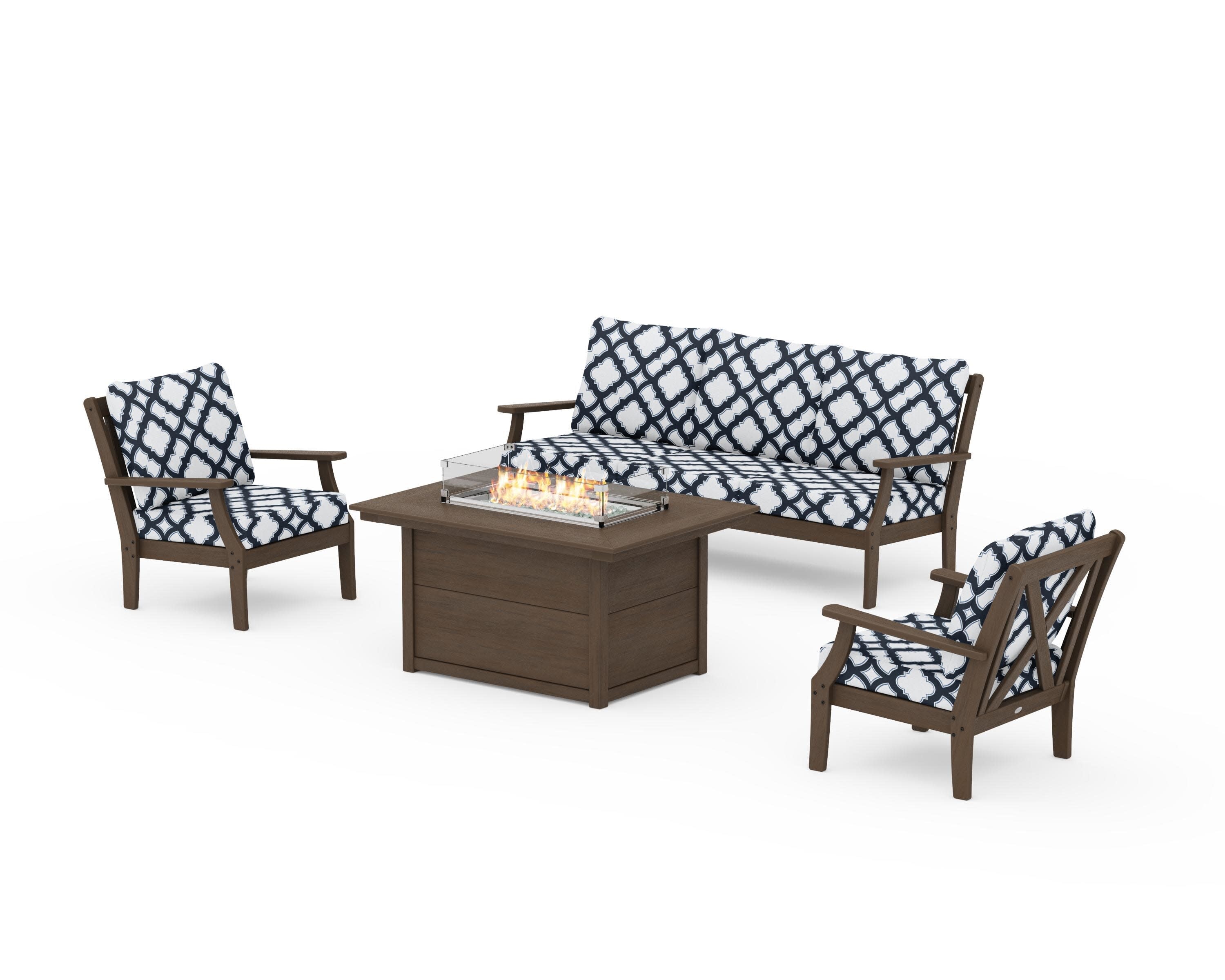 Braxton Deep Seating Fire Pit Table Set in Kona / Trellis Marine Indigo