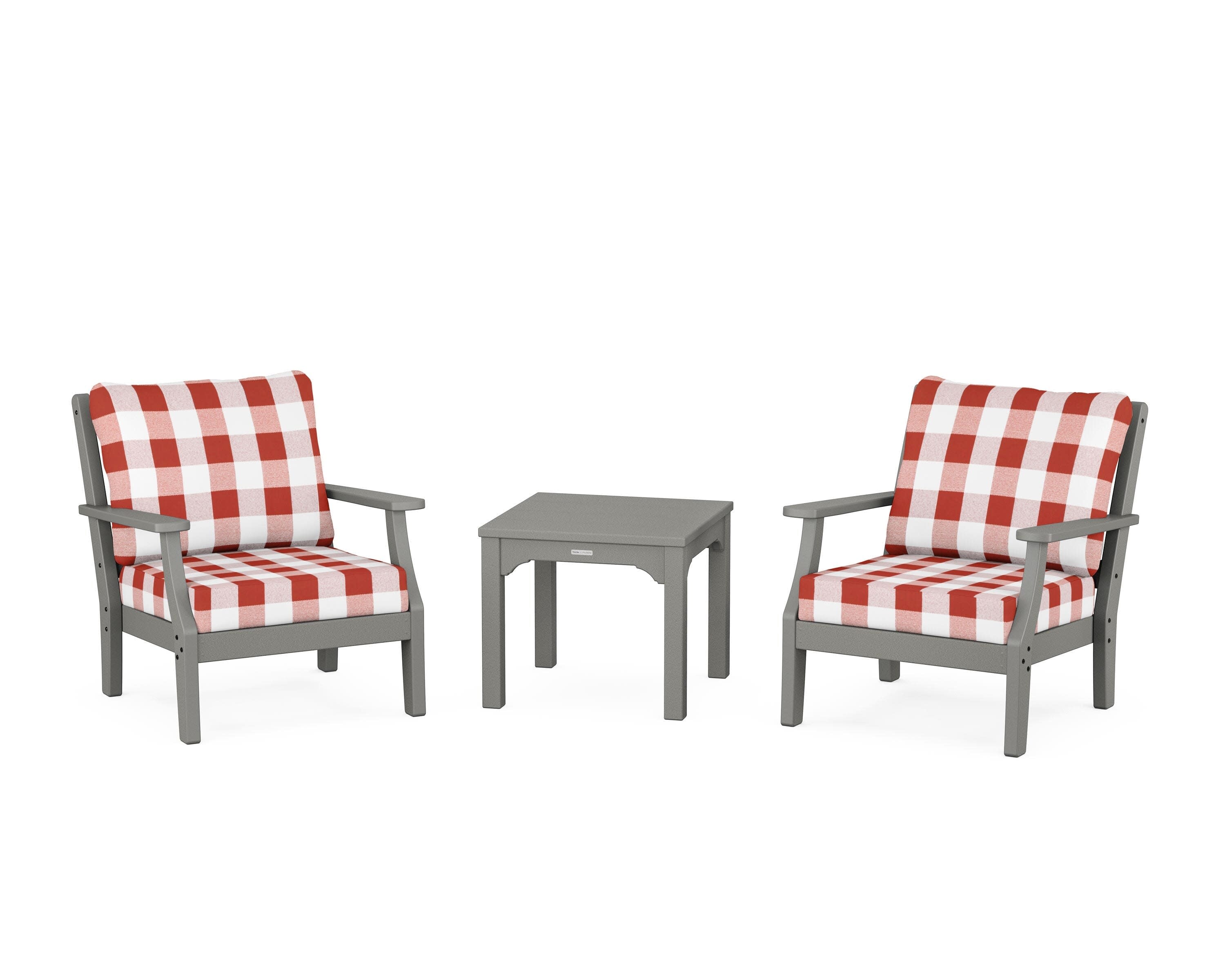 Chinoiserie 3-Piece Deep Seating Set in Slate Grey / Buffalo Plaid Crimson