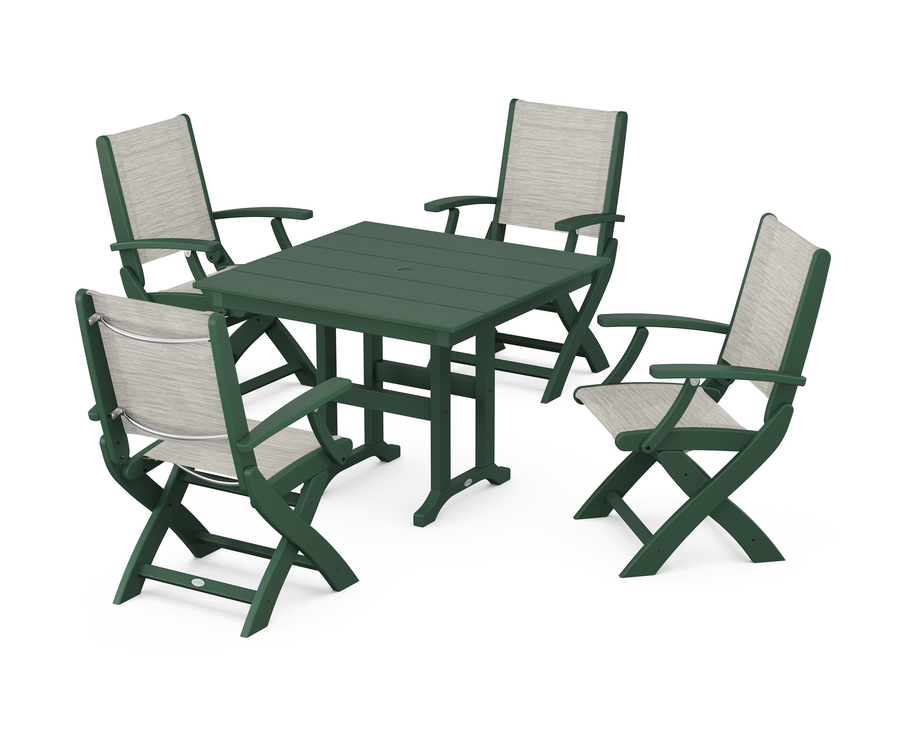 Coastal Folding Chair 5-Piece Farmhouse Dining Set in Green / Birch Sling