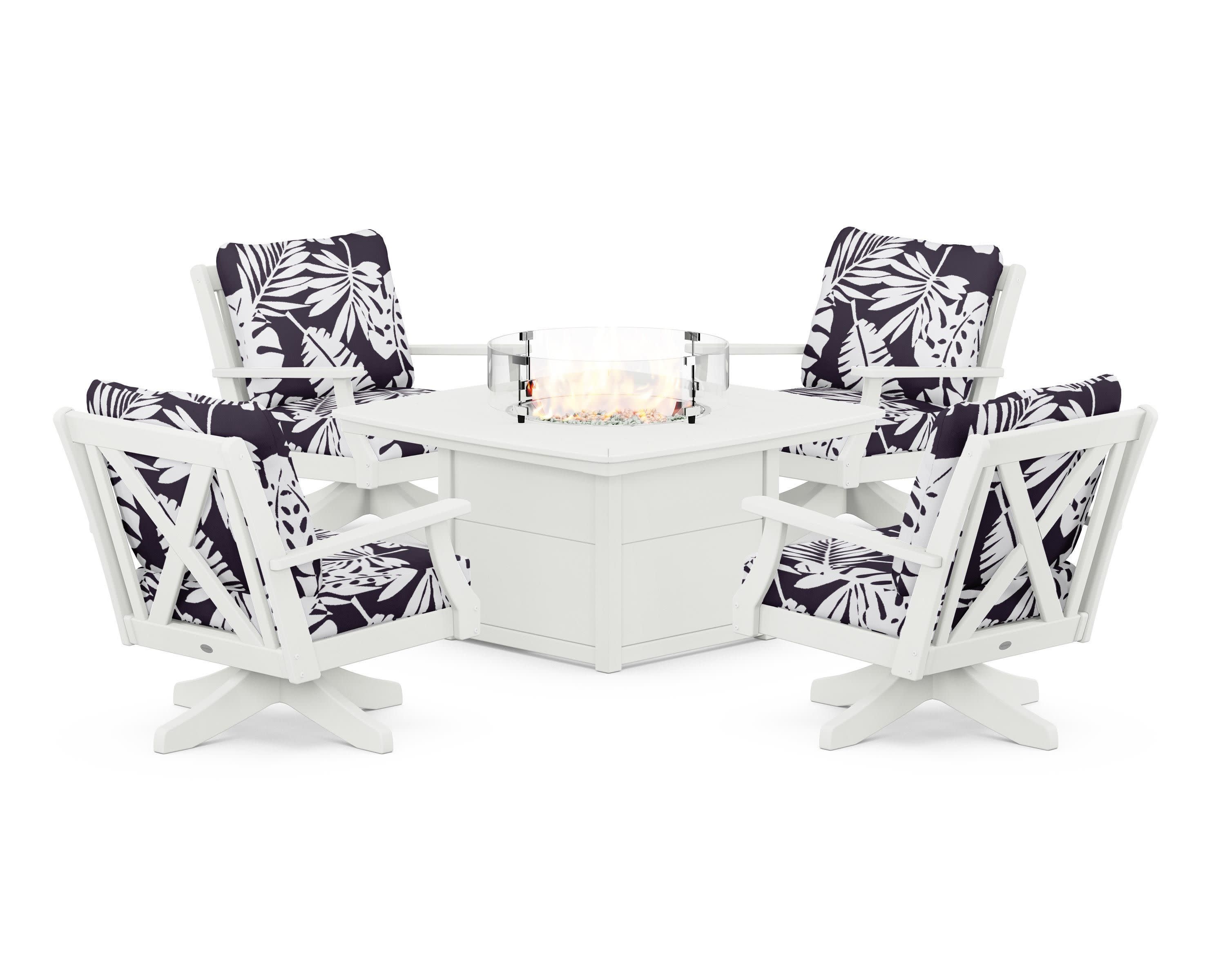 Braxton 5-Piece Deep Seating Swivel Conversation Set with Fire Pit Table in Vintage White / Leaf Navy