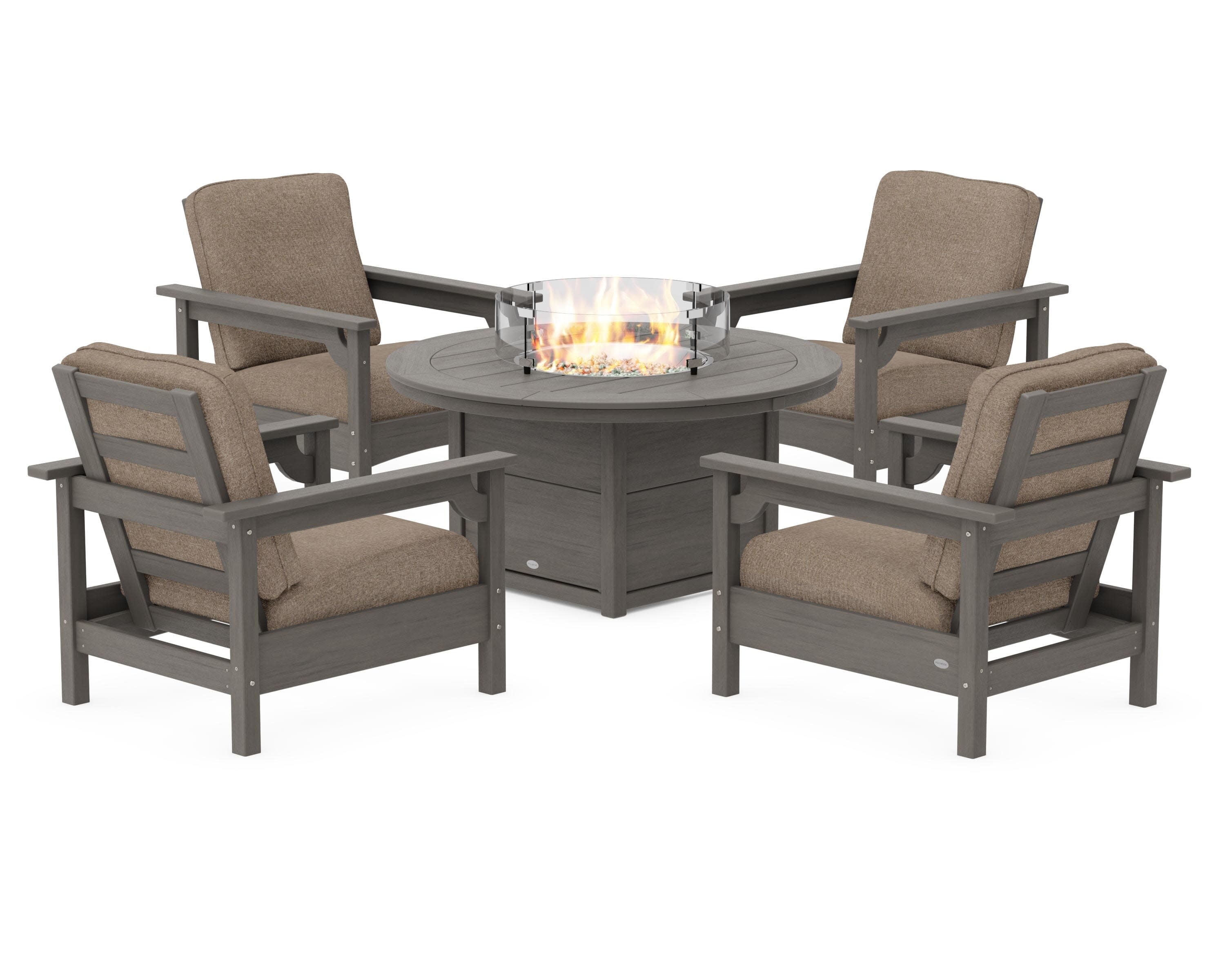 Club 5-Piece Conversation Set with Fire Pit Table in Driftwood / Spiced Burlap