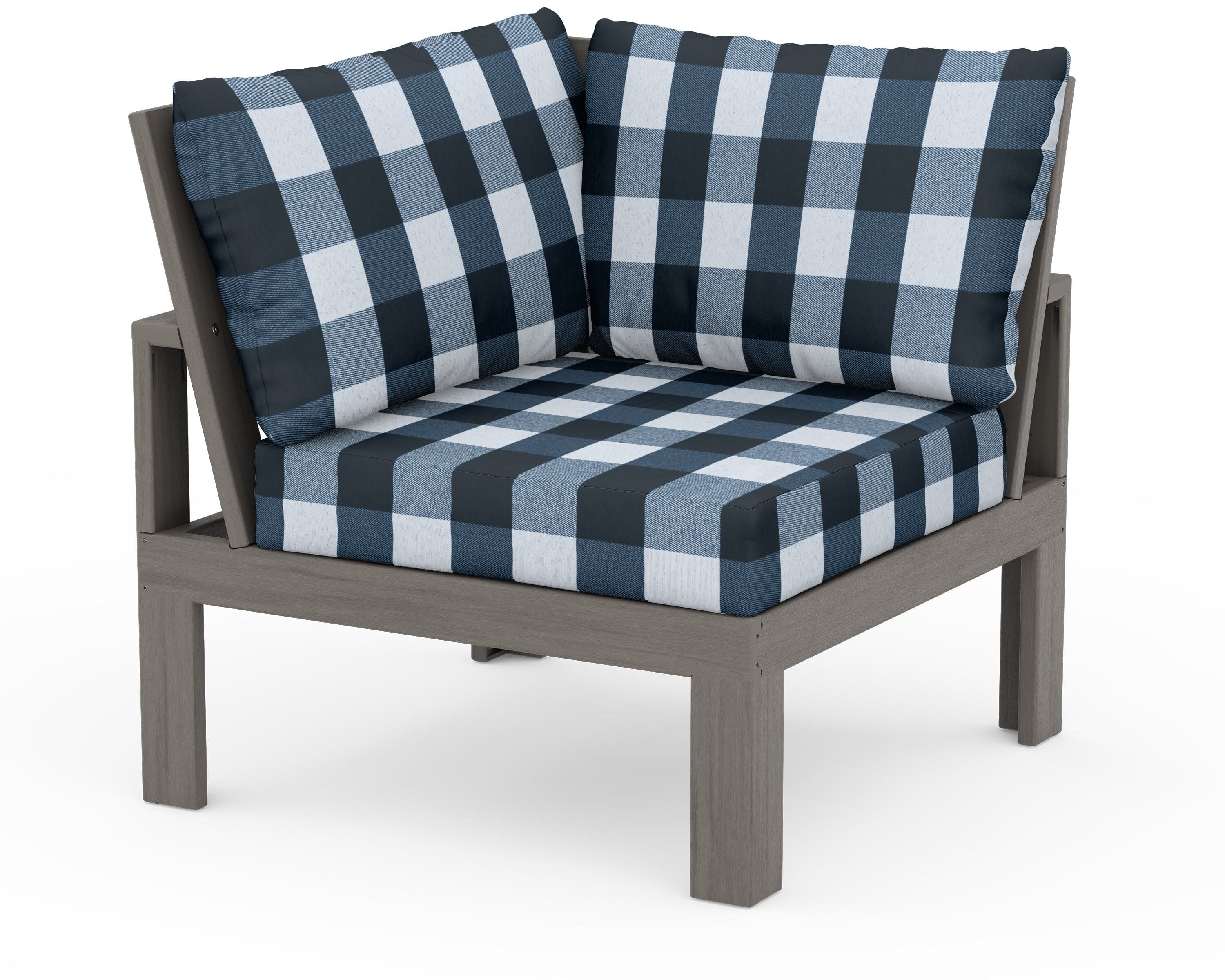 Modular Corner Chair in Driftwood / Buffalo Plaid Marine Indigo