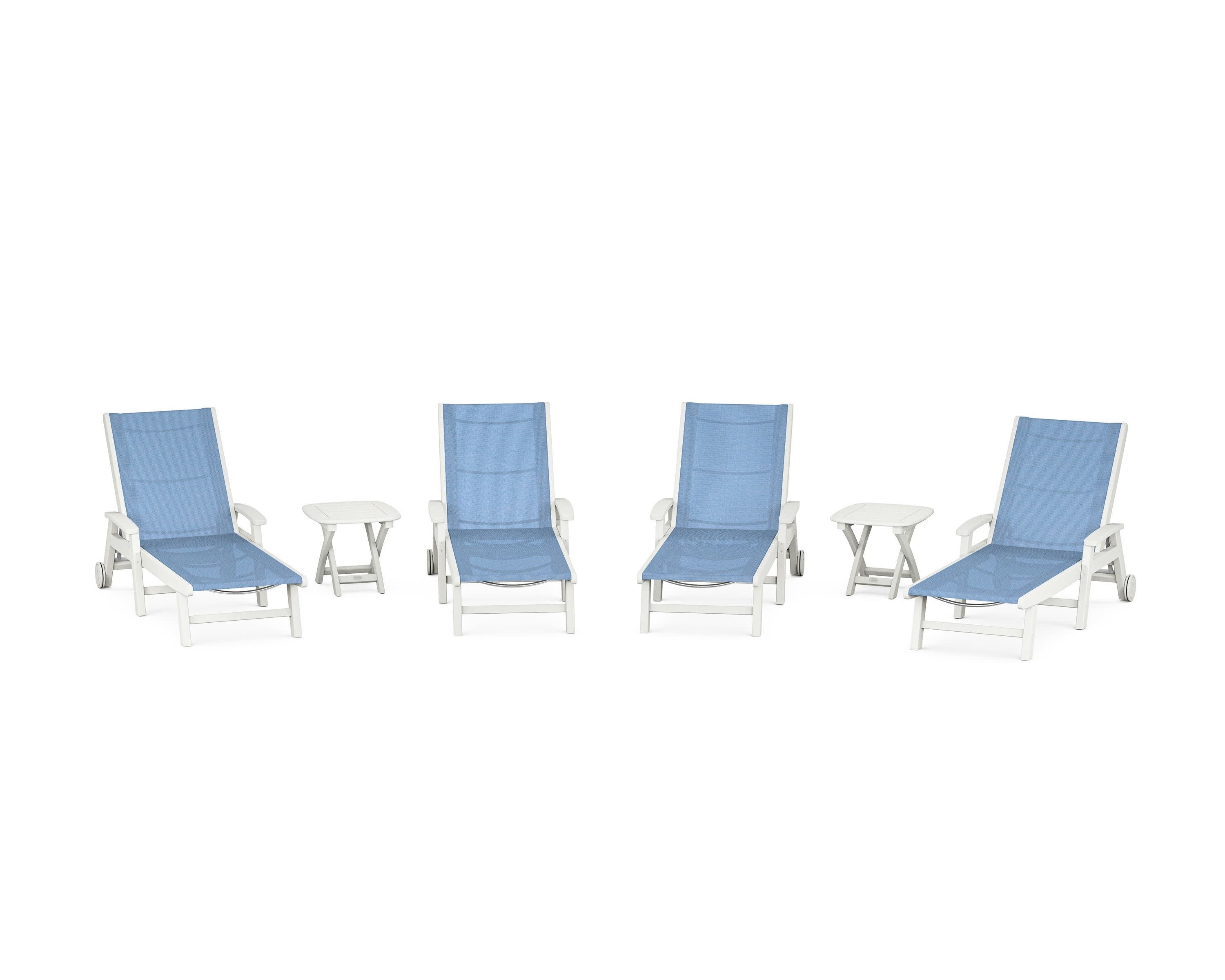 Coastal Chaise 6-Piece Set with Wheels in Vintage White / Poolside Sling