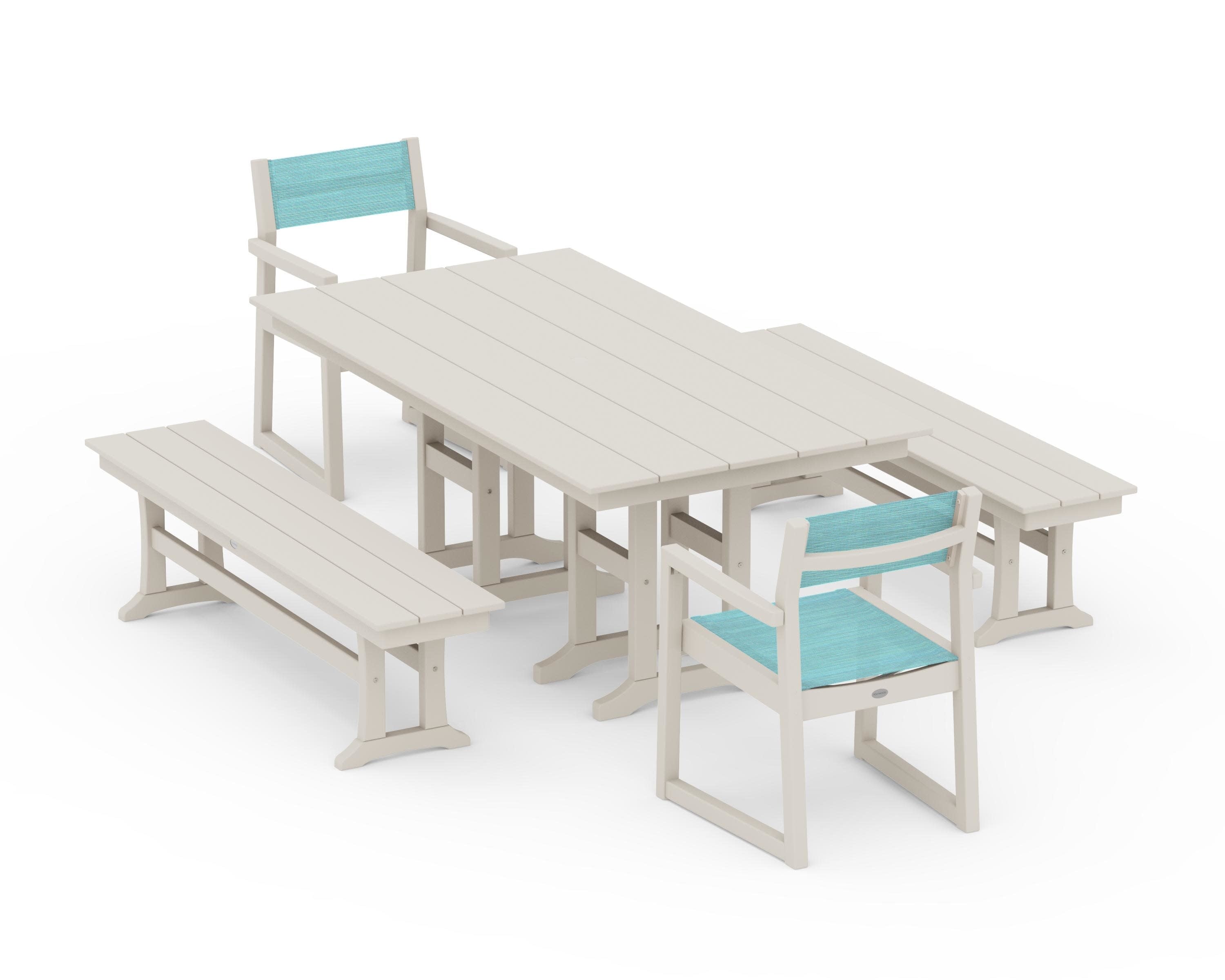 EDGE Sling Arm Chair 5-Piece Farmhouse Dining Set with Benches in Sand / Dupioni Aquamarine Sling