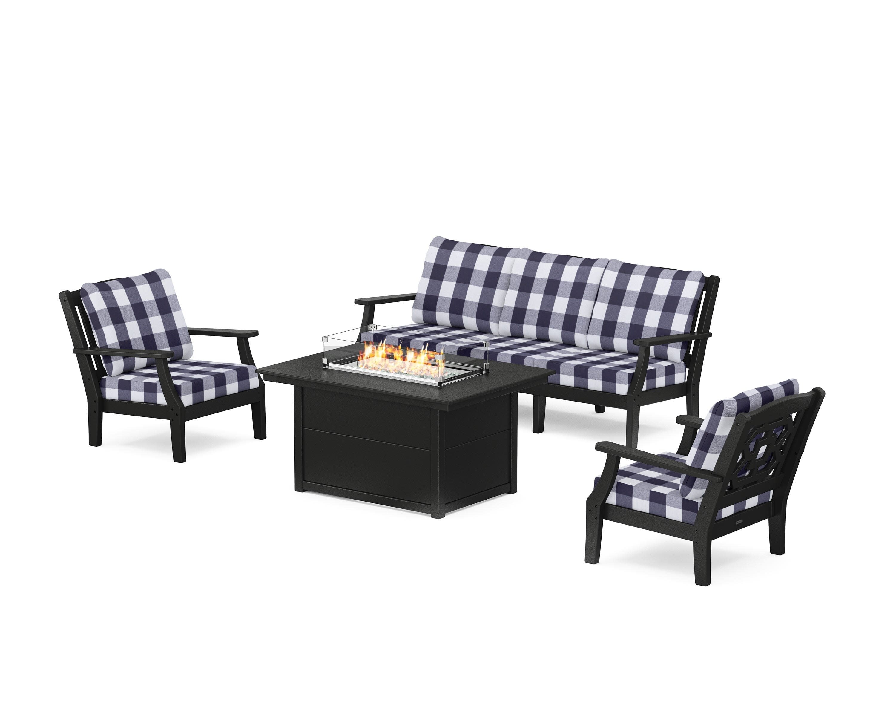 Chinoiserie Deep Seating Fire Pit Table Set in Black / Buffalo Plaid Navy