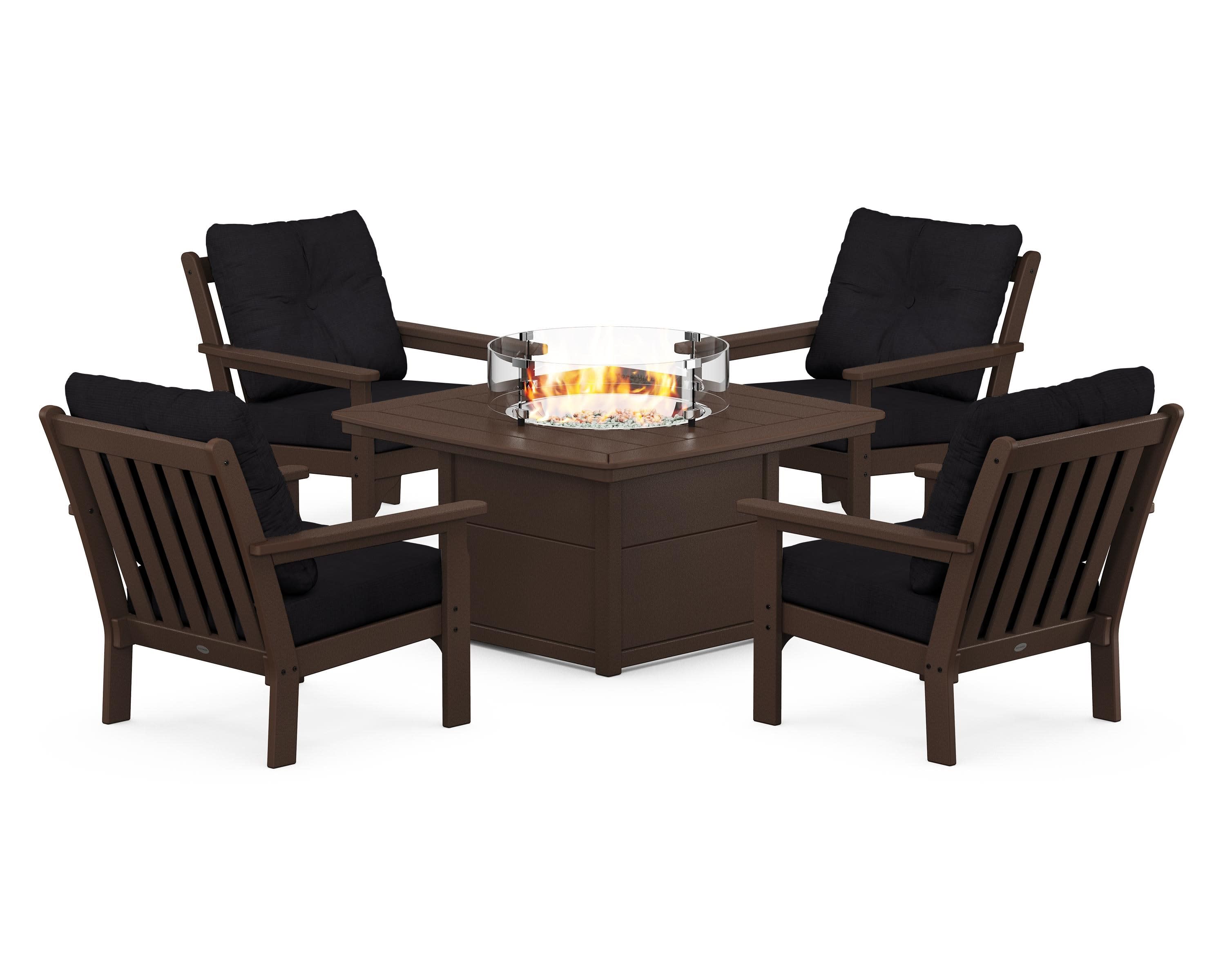 Vineyard 5-Piece Conversation Set with Fire Pit Table in Mahogany / Midnight Linen