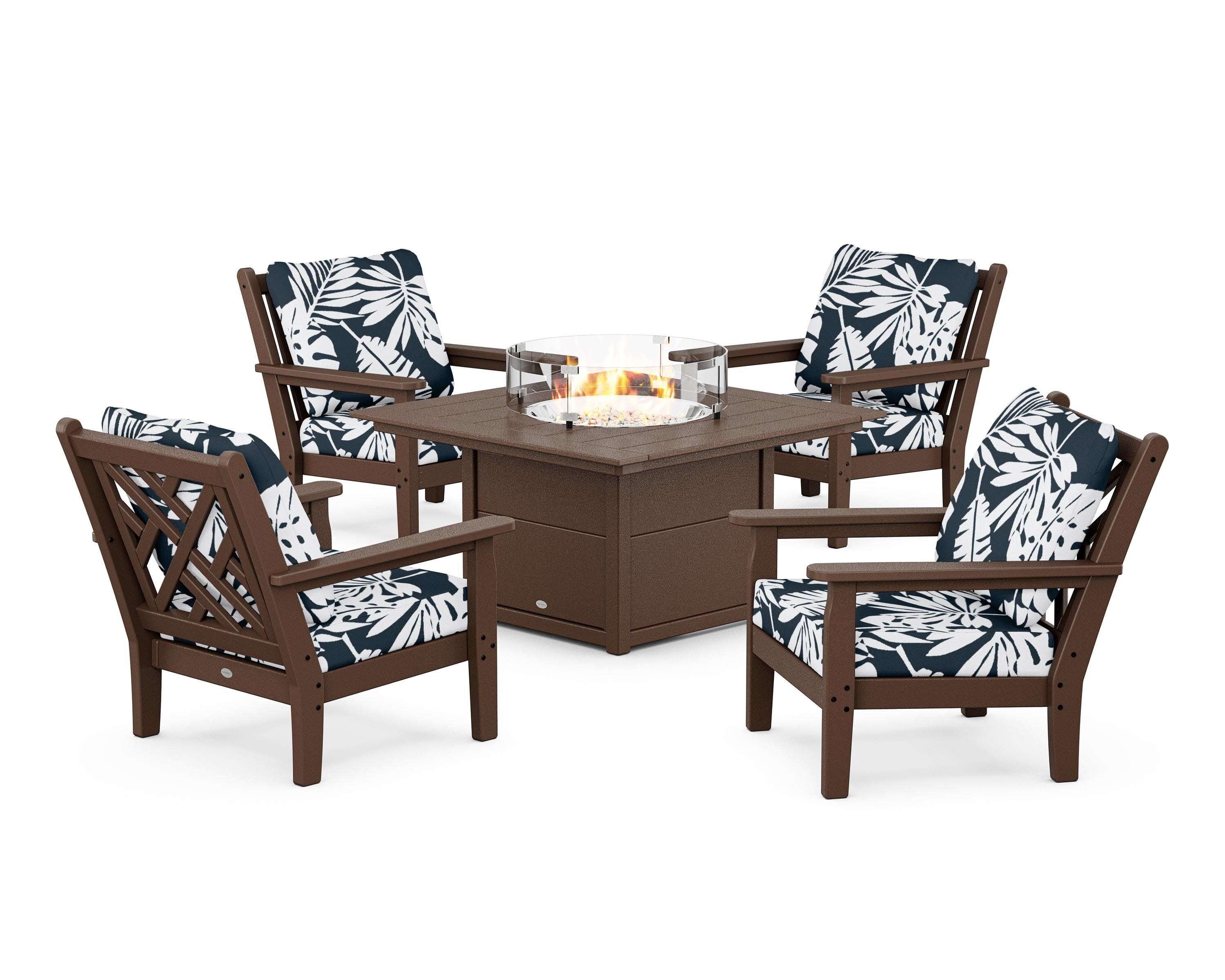 Chippendale 5-Piece Deep Seating Set with Fire Pit Table in Mahogany / Leaf Marine Indigo