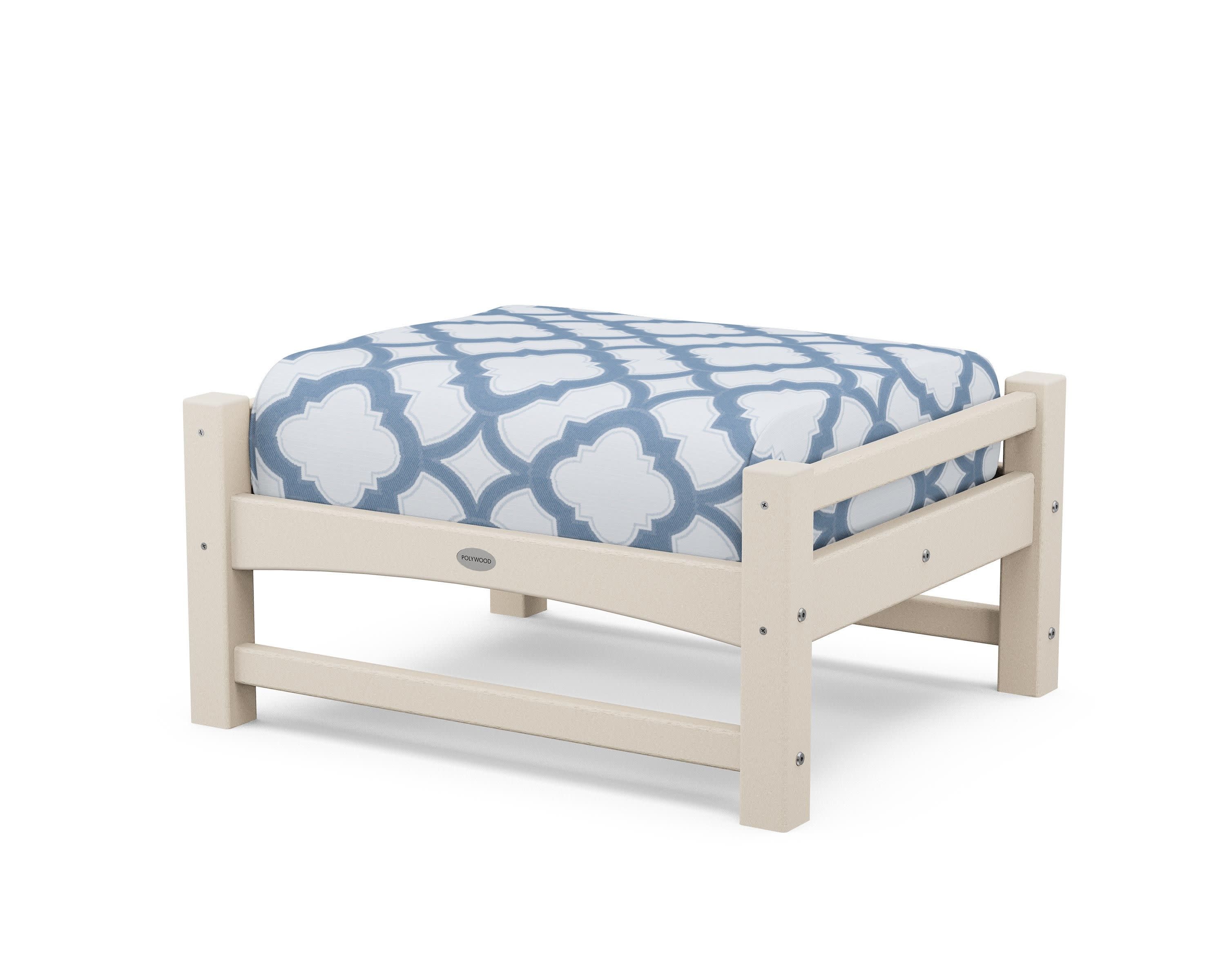 Club Ottoman in Sand / Trellis Sky Blue