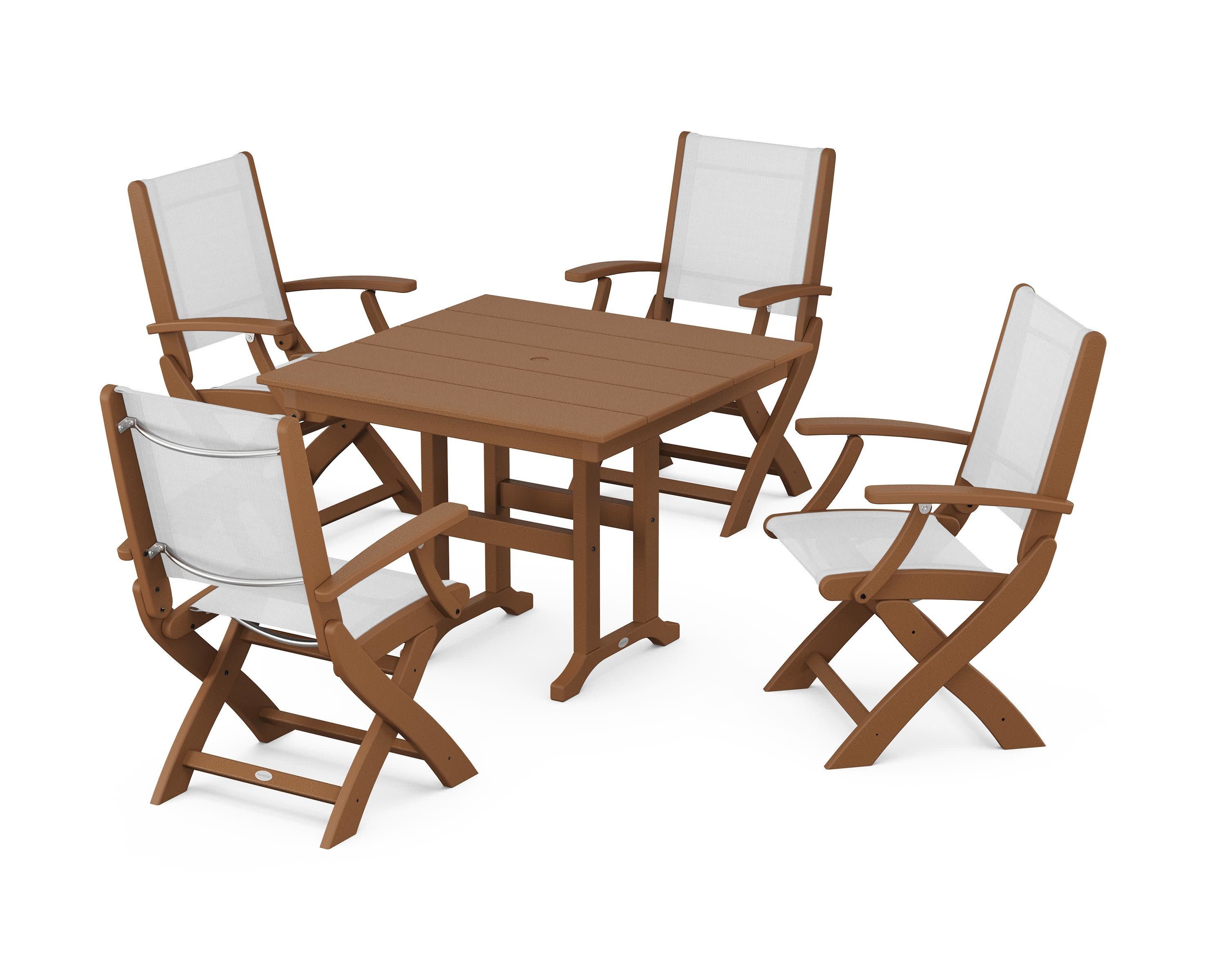 Coastal Folding Chair 5-Piece Farmhouse Dining Set in Teak / White Sling