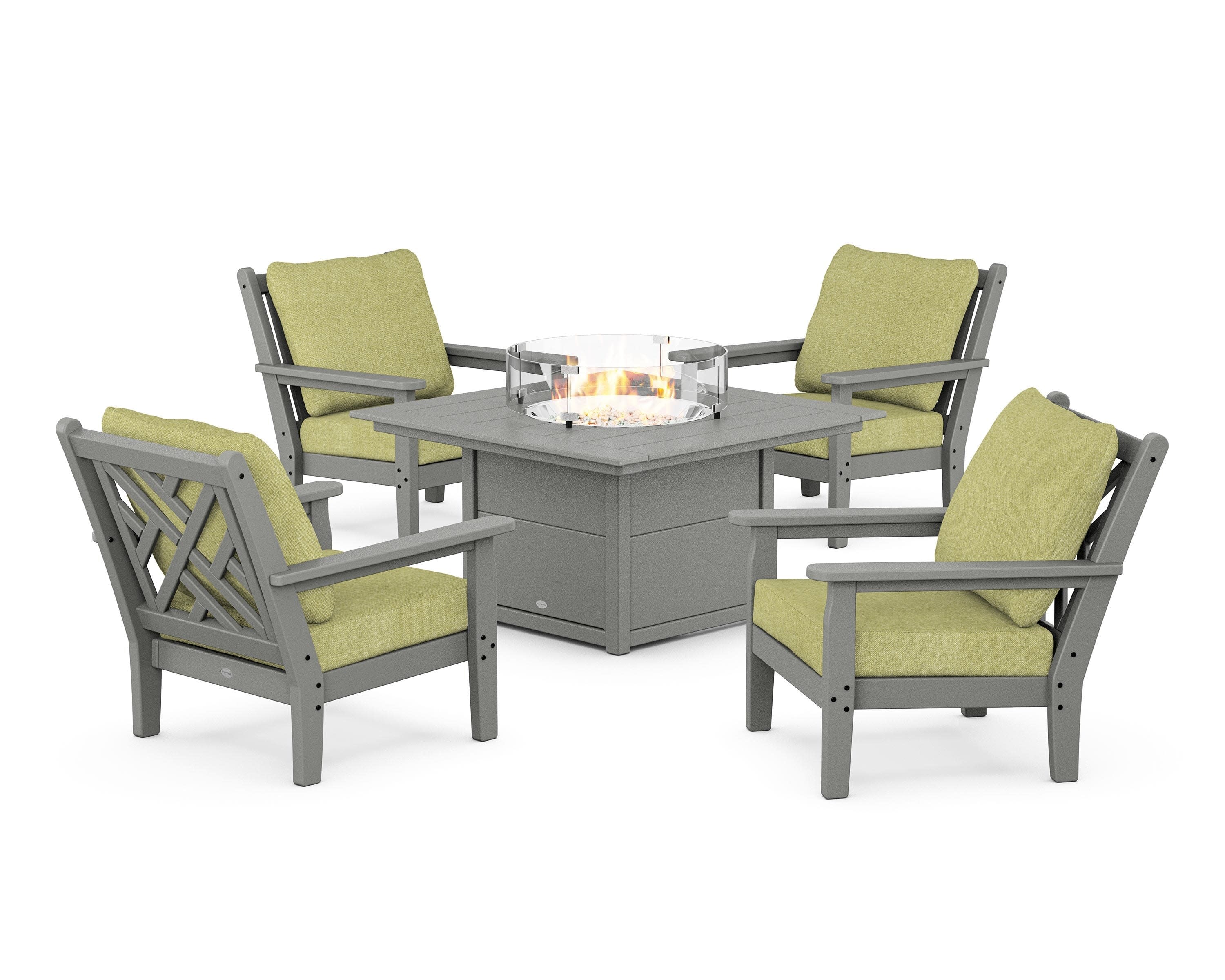 Chippendale 5-Piece Deep Seating Set with Fire Pit Table in Slate Grey / Chartreuse Boucle
