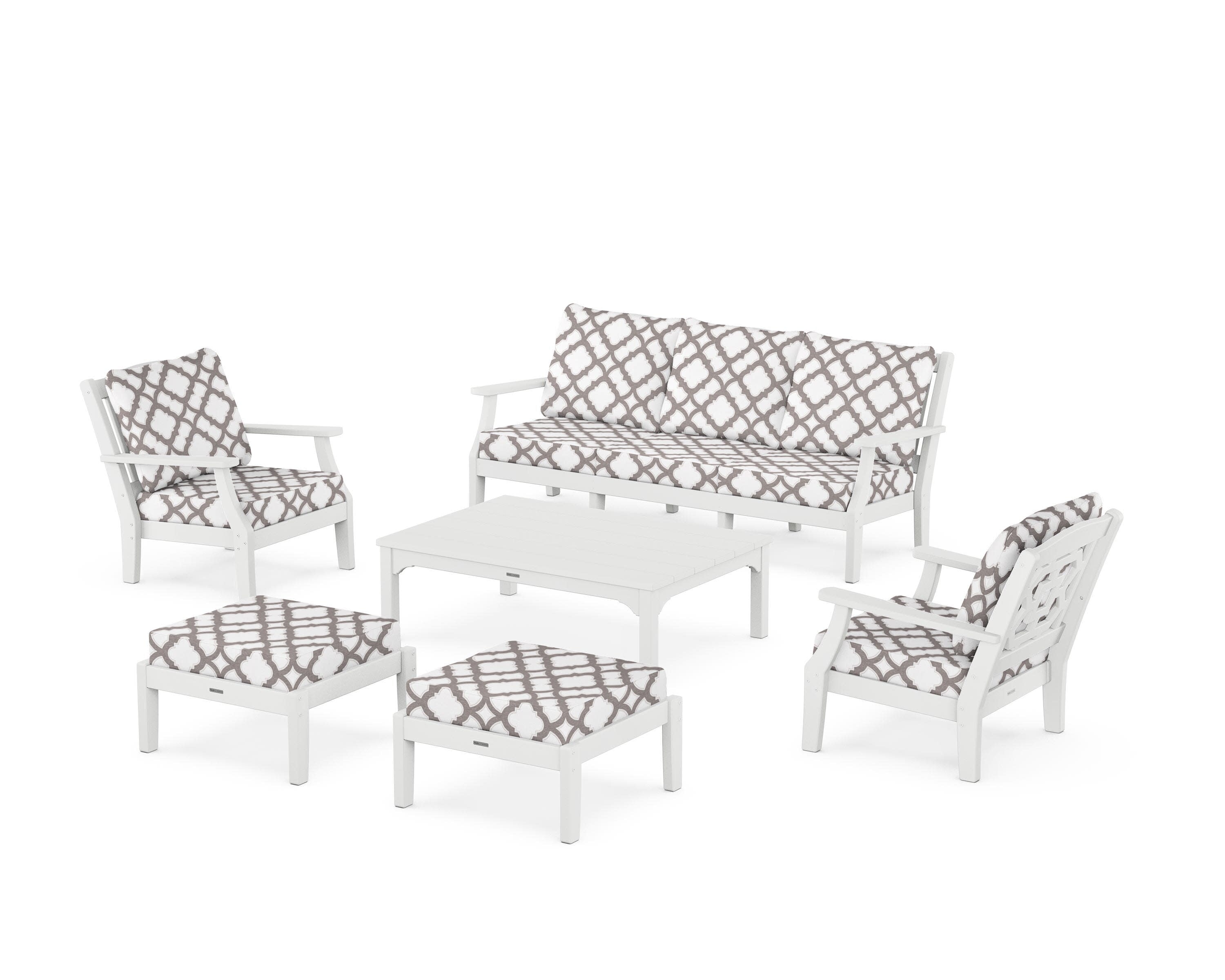 Chinoiserie 6-Piece Lounge Sofa Set in White / Trellis Grey Mist