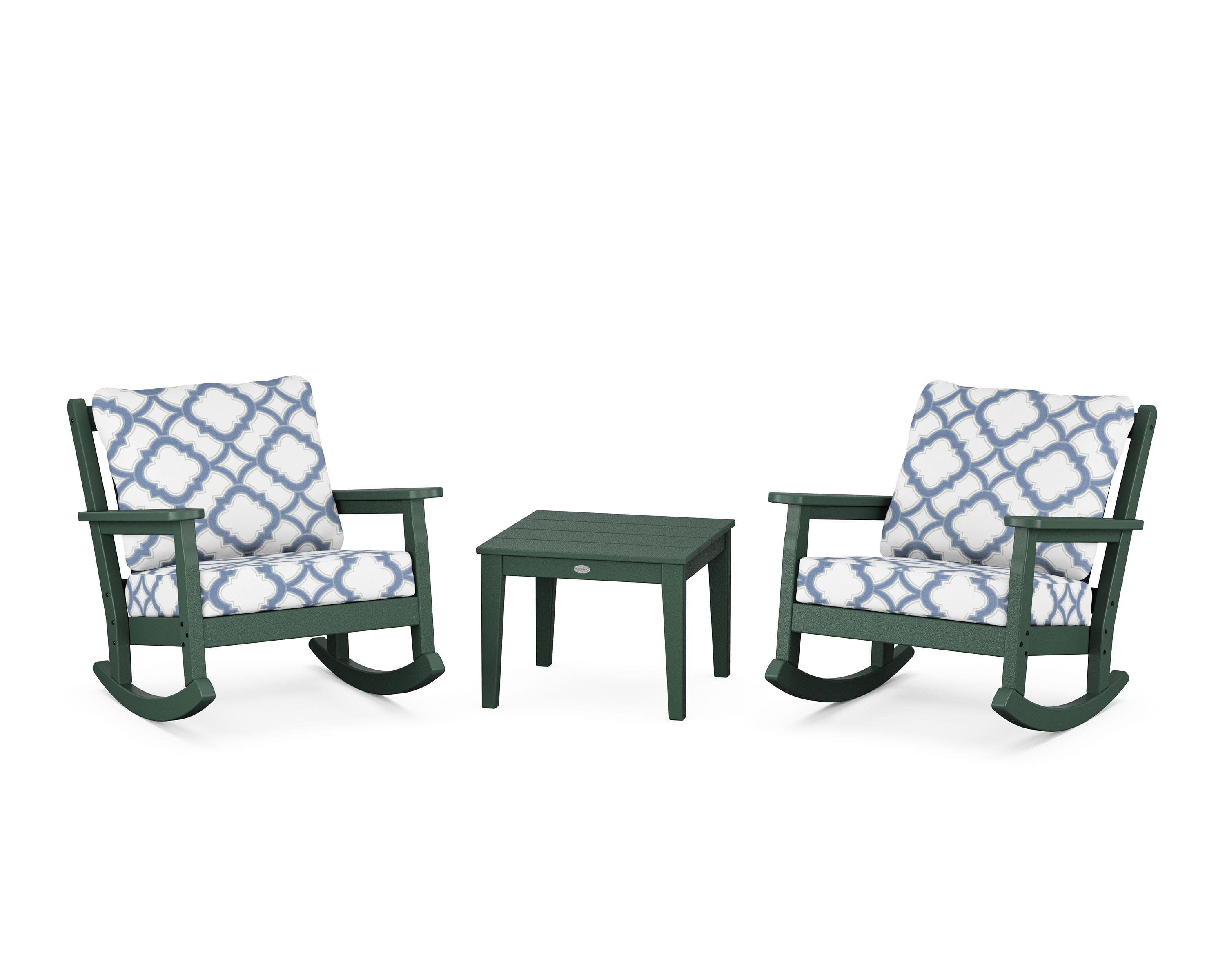 Chippendale 3-Piece Deep Seating Rocker Set in Green / Trellis Sky Blue