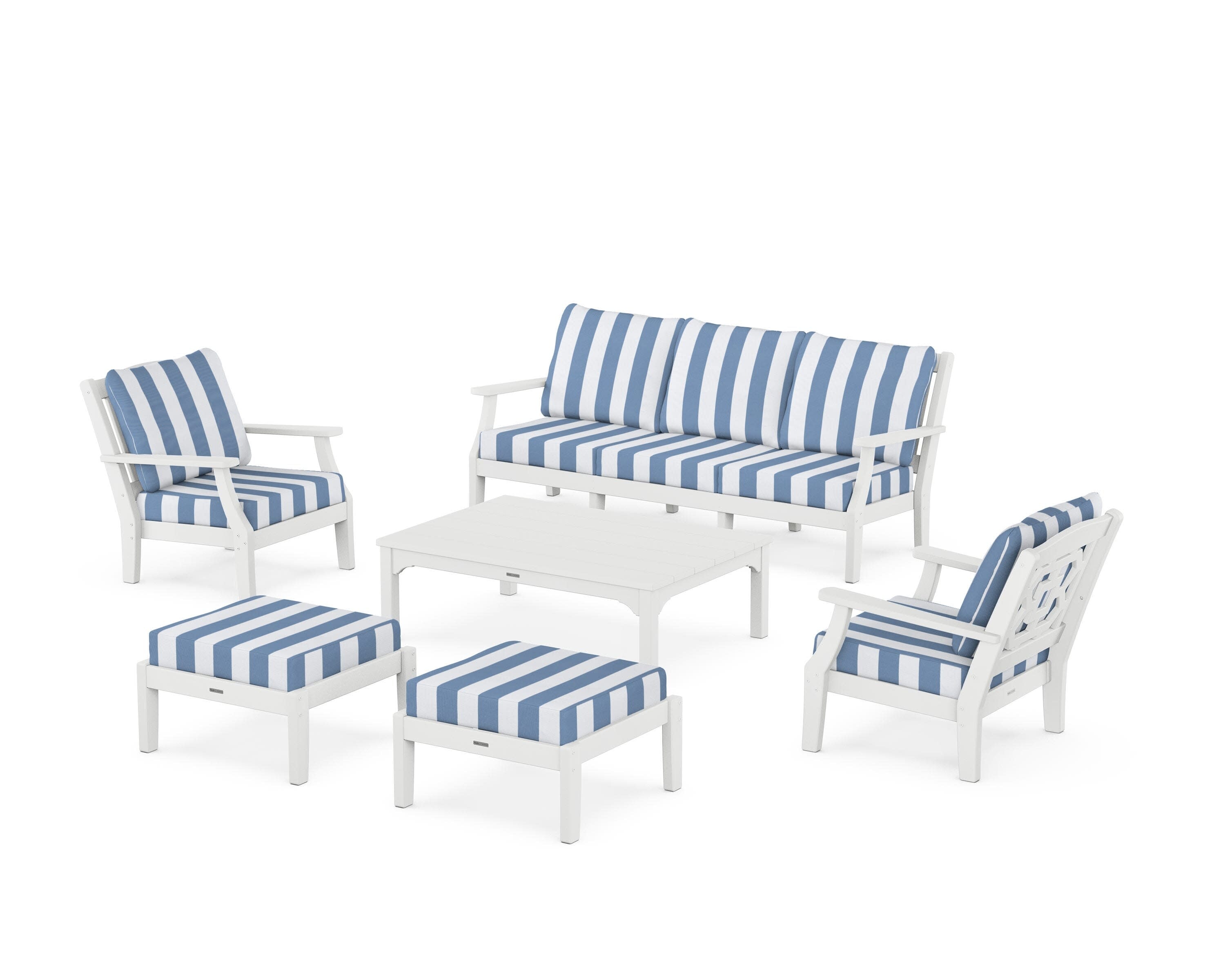 Chinoiserie 6-Piece Lounge Sofa Set in White / Cabana Stripe Sky Blue
