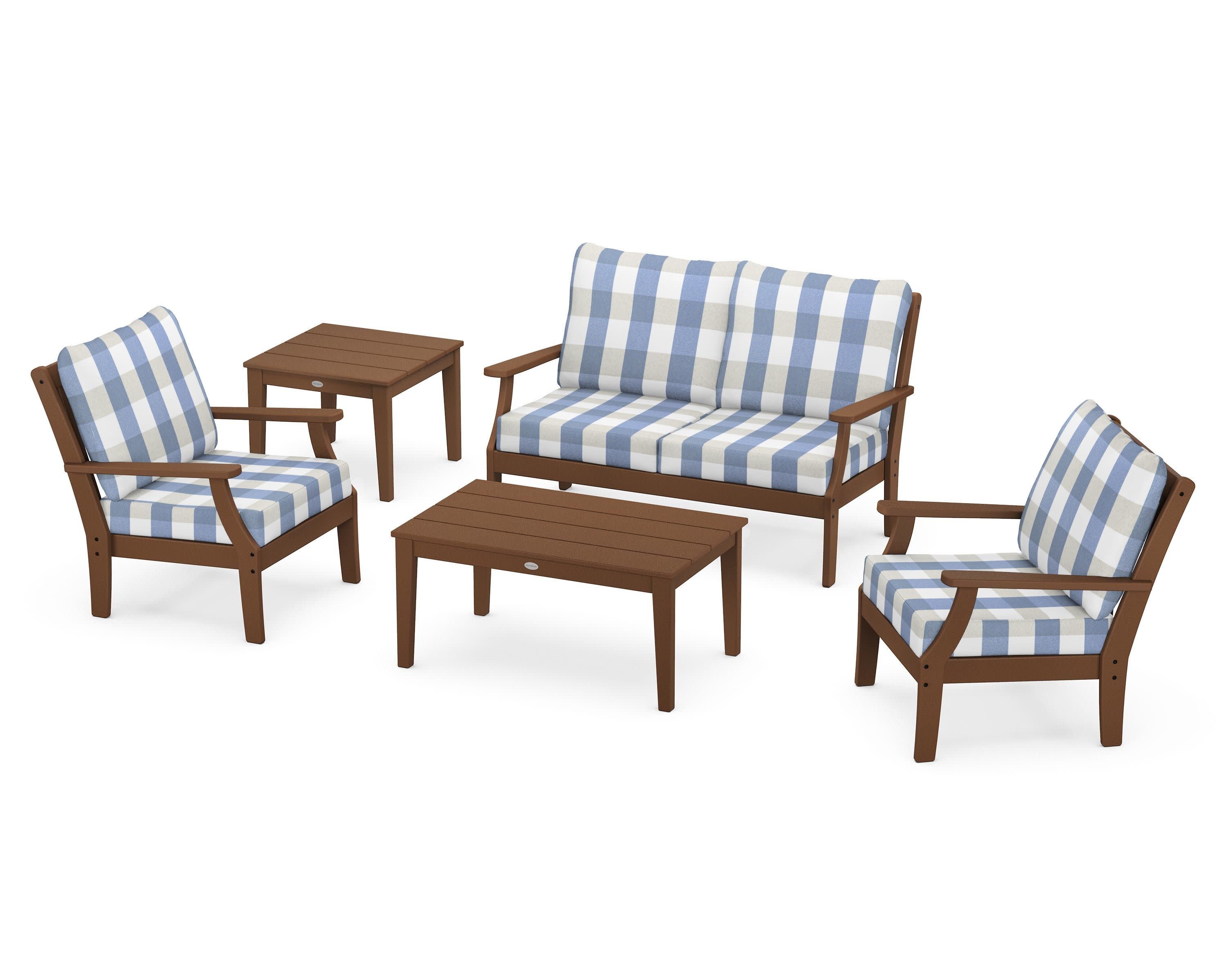 Braxton 5-Piece Deep Seating Set in Teak / Buffalo Plaid Sky Blue